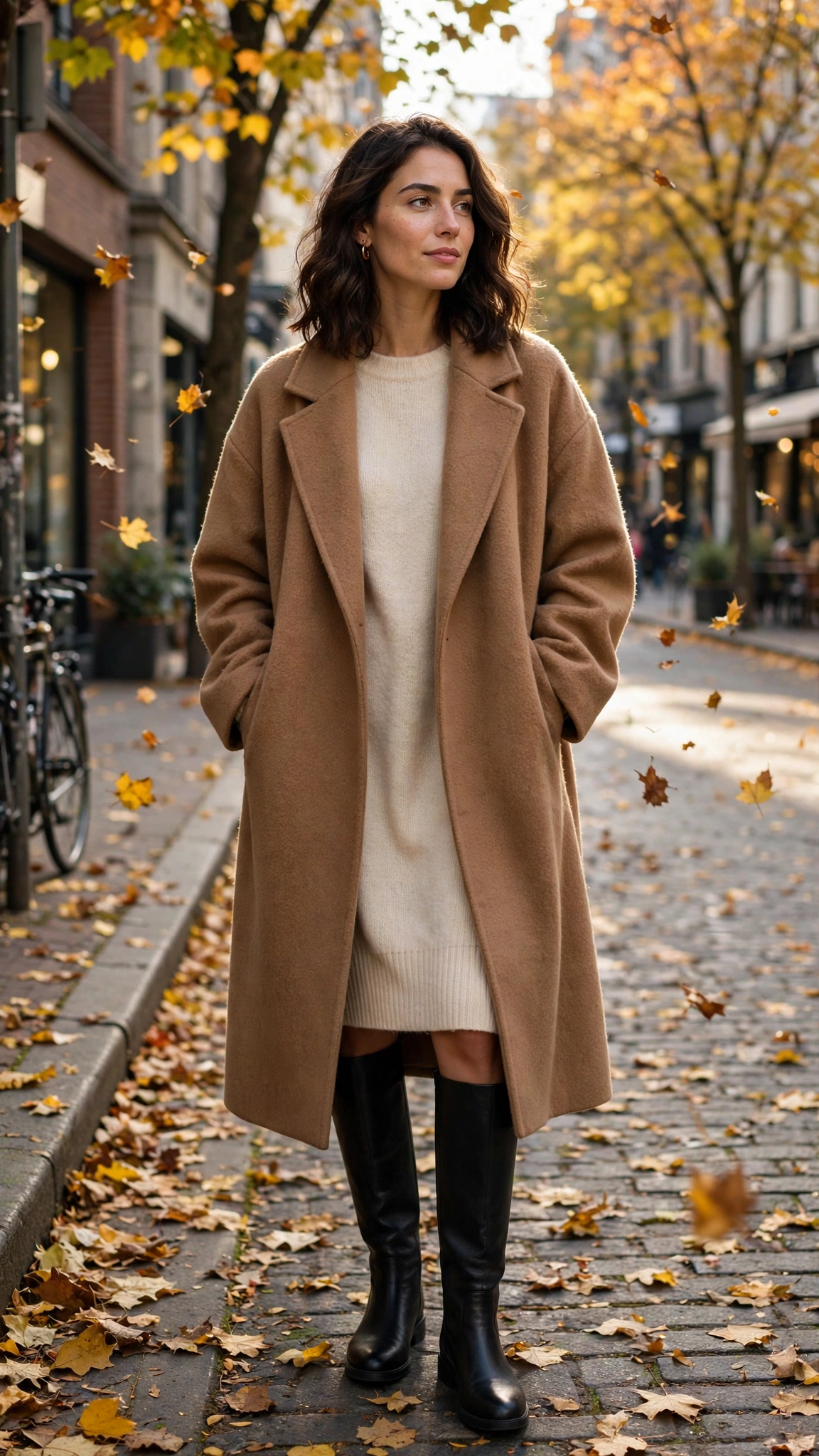 Woman in black knee-high boots, cream knit sweater dress and camel wool coat on an autumn street