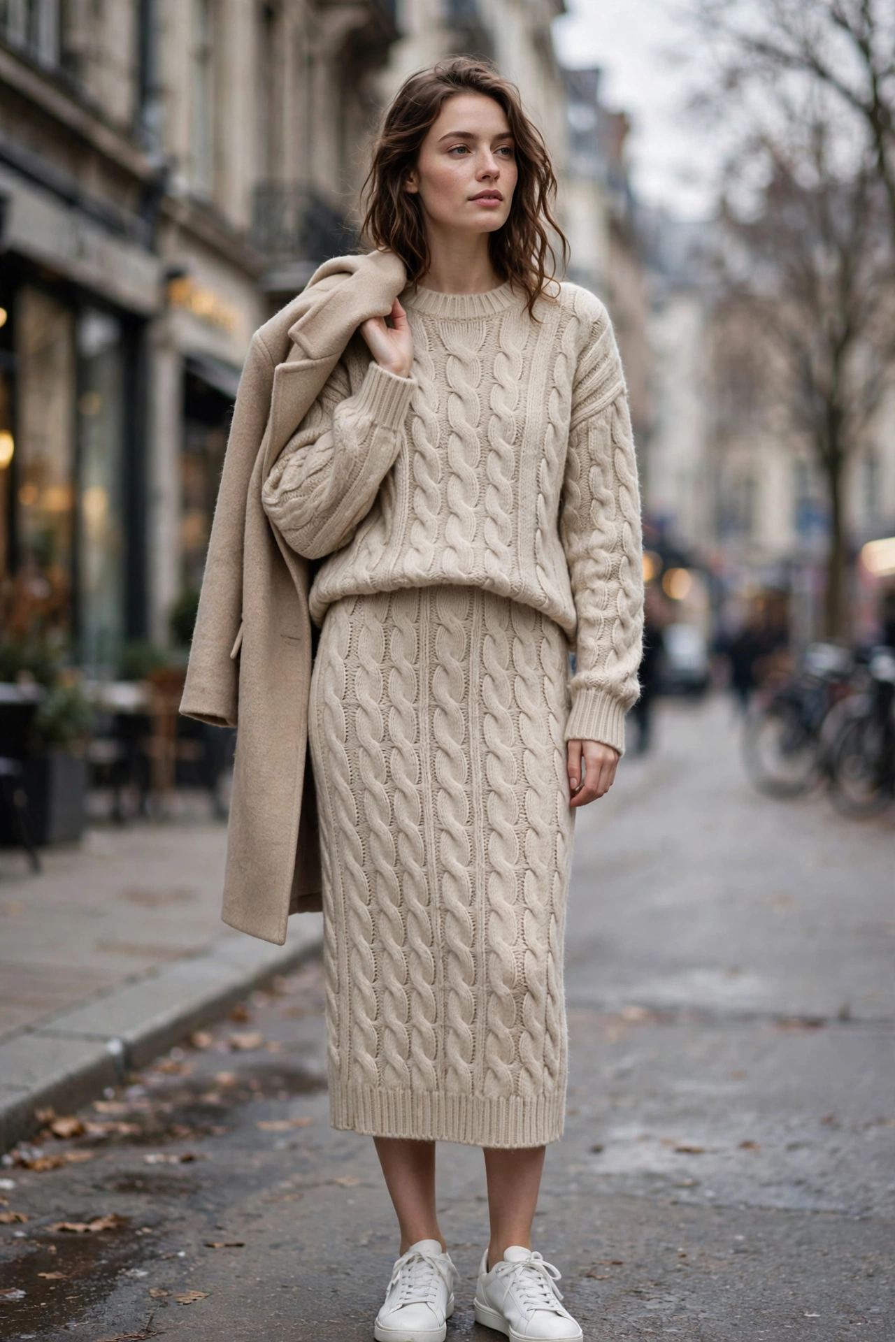 Cozy oatmeal cable-knit matching set: cable-knit sweater and matching midi skirt styled on a winter city street