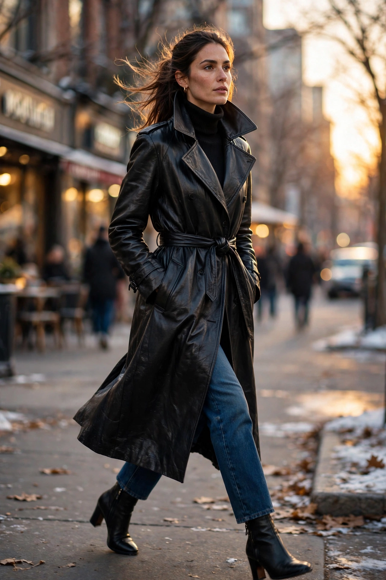 Woman in a black leather trench coat styled for winter street style