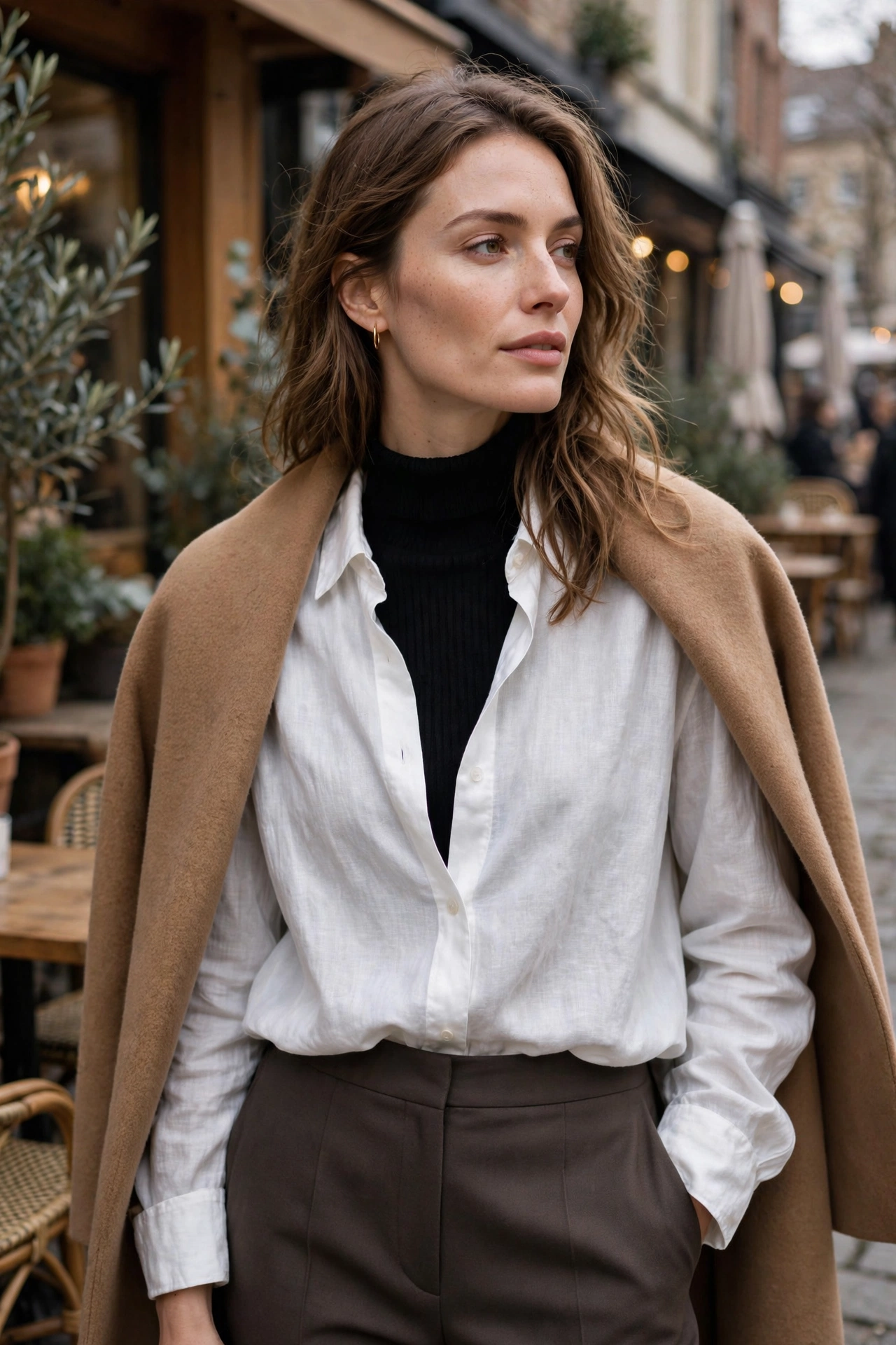 Woman wearing a white linen shirt layered over a black turtleneck with a camel coat and brown trousers