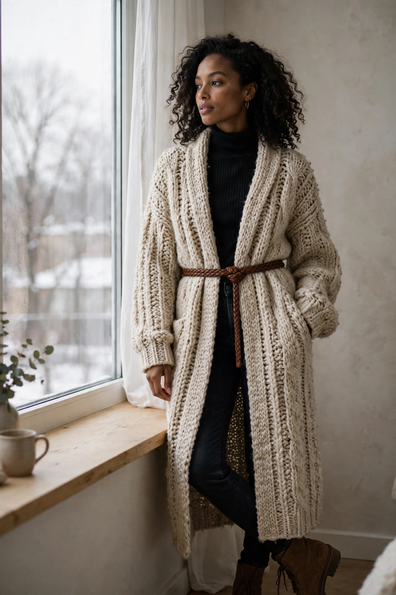 Woman styling a long belted knit cardigan over a black turtleneck with jeans and ankle boots in soft winter light