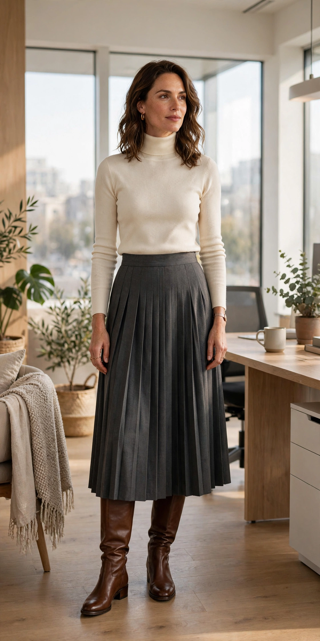 Woman in an elegant office outfit wearing a pleated midi skirt, fitted turtleneck sweater and knee-high boots