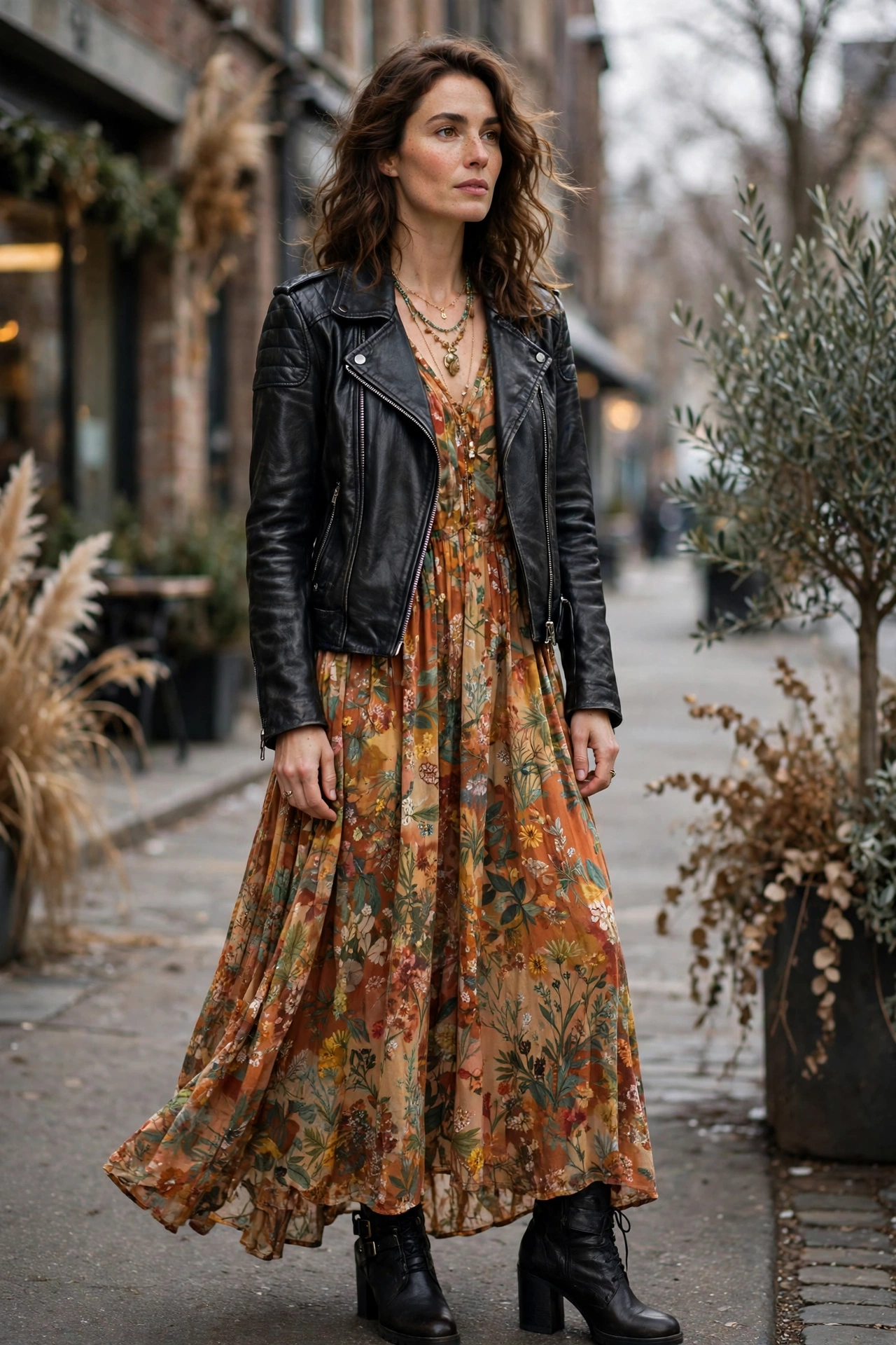 Woman wearing moto boho fashion outfit: black leather moto jacket over a flowy floral maxi dress with heeled ankle boots