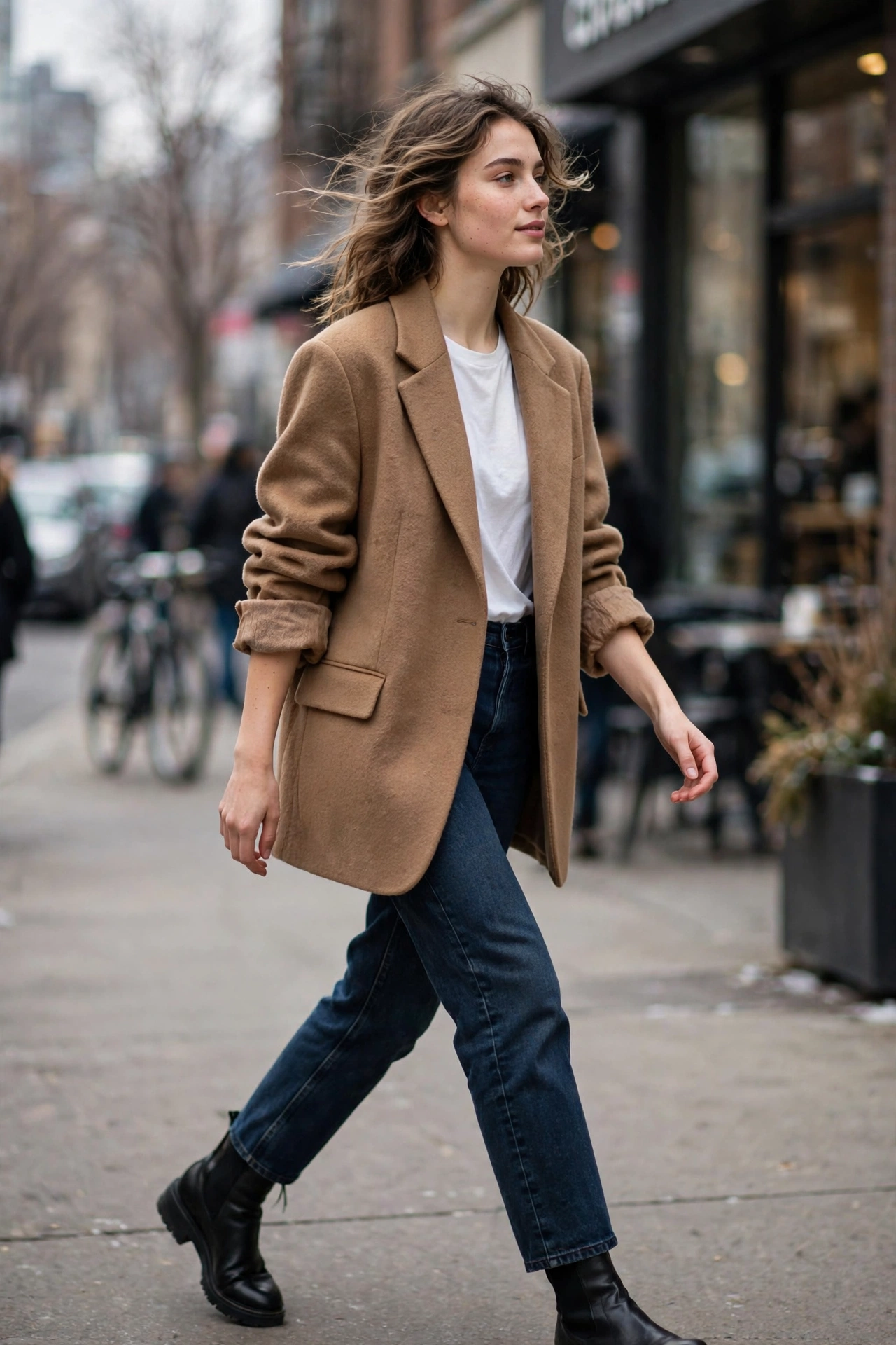 Woman wearing an oversized camel blazer with jeans and boots on a city street — oversized blazer street style winter outfit