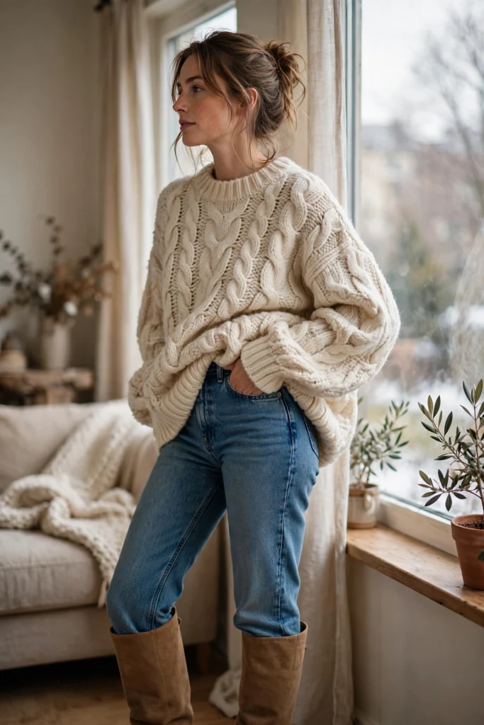 Woman wearing a chunky cream oversized cable-knit sweater styled with high-waisted jeans and tan knee-high boots