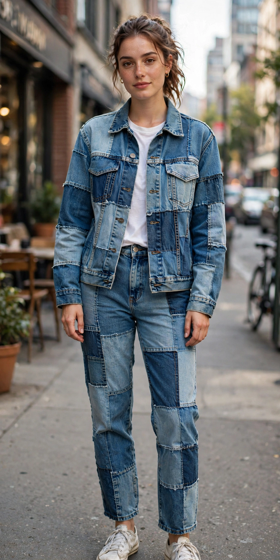 Woman wearing a patchwork denim jacket and patchwork jeans outfit on a city street