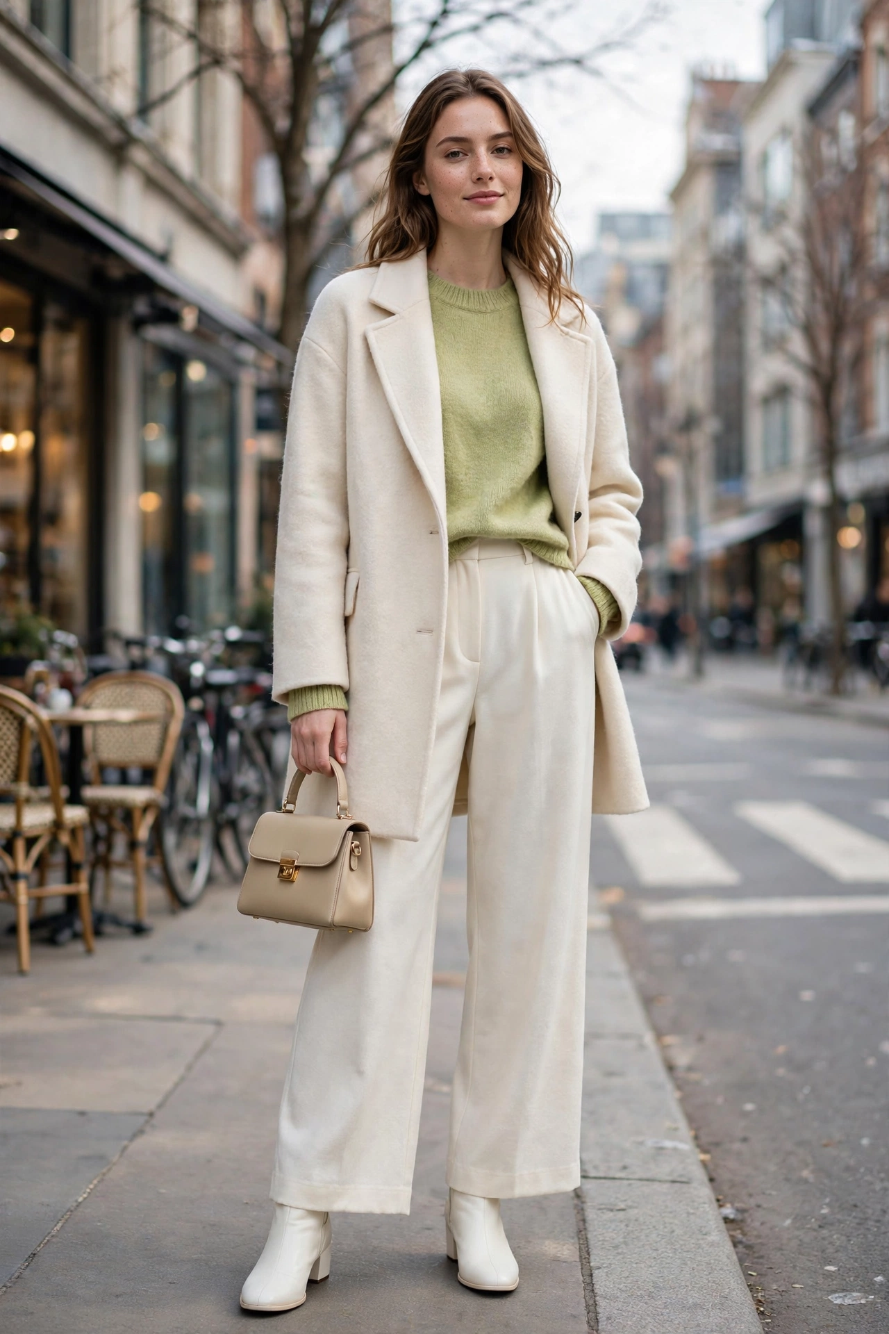 Woman wearing a pistachio green knit sweater with a cream coat and ivory wide-leg trousers