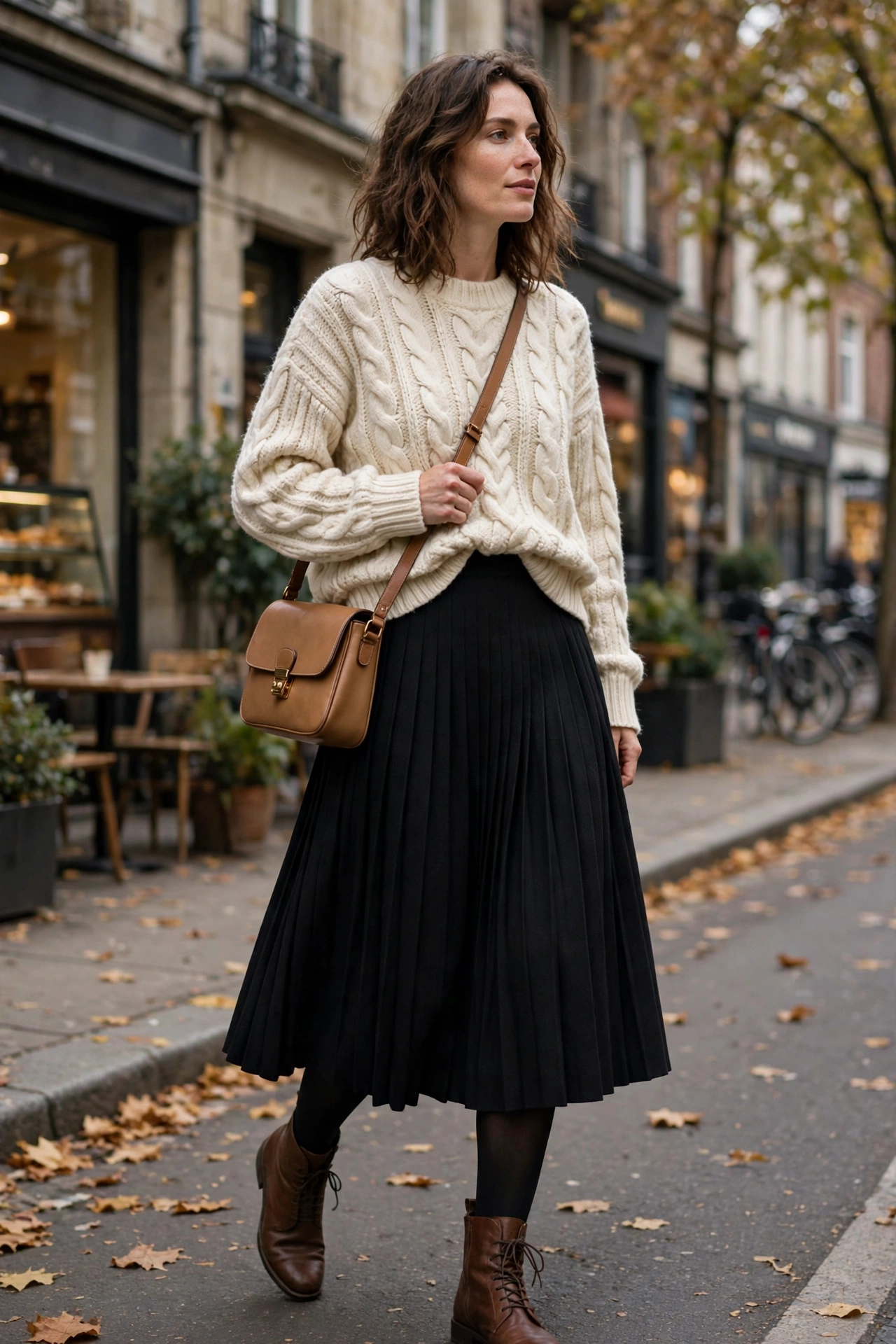 Woman wearing a black wool midi pleated skirt with a cream chunky knit sweater and ankle boots, standing in soft natural light