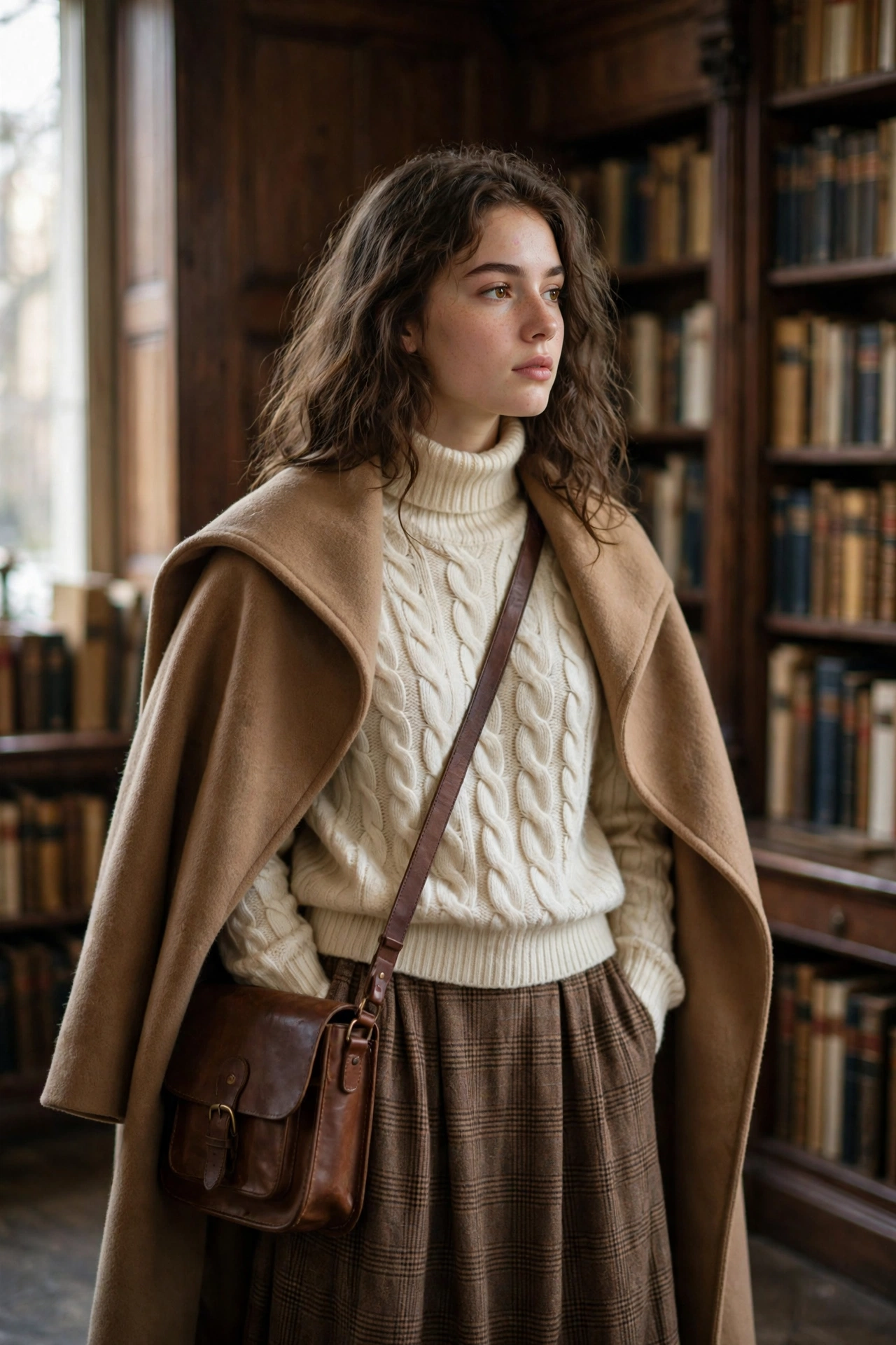 Woman wearing a dark academia poetcore winter outfit — cream turtleneck, plaid skirt and camel wool coat — standing in an old library