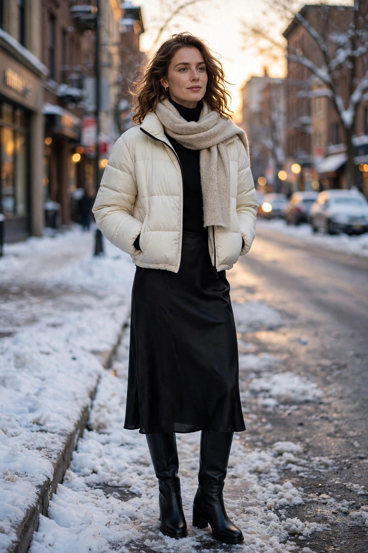 Woman in a cream cropped puffer jacket styled with a black turtleneck, satin skirt, wool scarf and knee-high boots on a snowy street