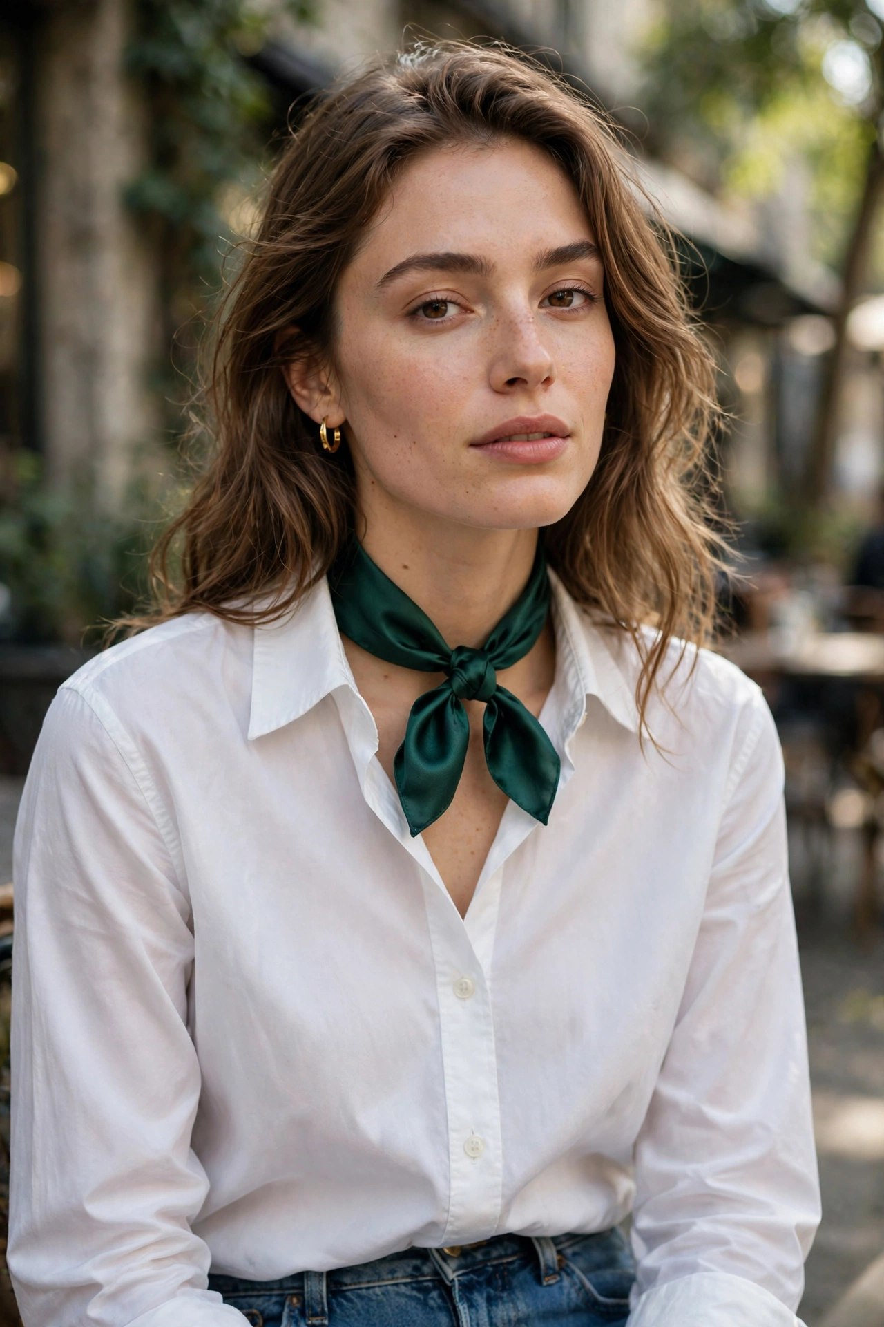 Woman wearing an emerald green silk neck scarf petite style with a white shirt and jeans