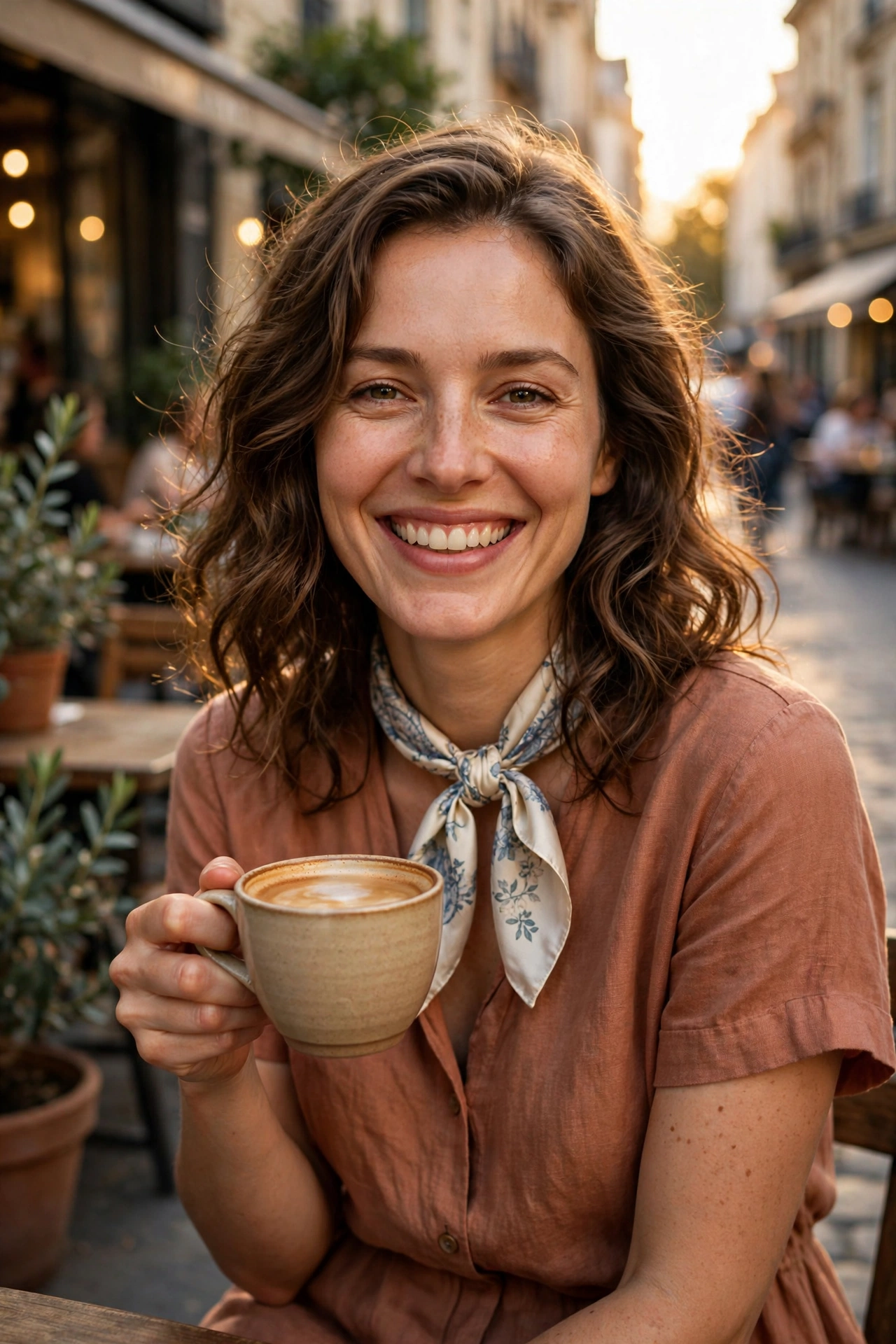 Woman at an outdoor cafe wearing a floral silk neck scarf tied at her neck with a terracotta dress