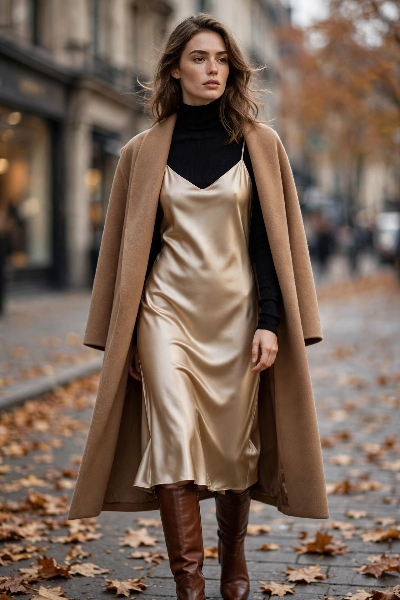 Woman styling a champagne satin slip dress over a black turtleneck with a camel wool coat and knee-high brown boots on an autumn street