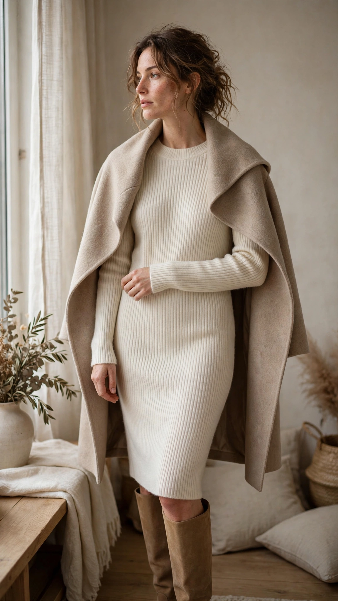 Woman wearing a cream ribbed knit sweater dress with tan knee-high boots and a long wool coat draped over her shoulders