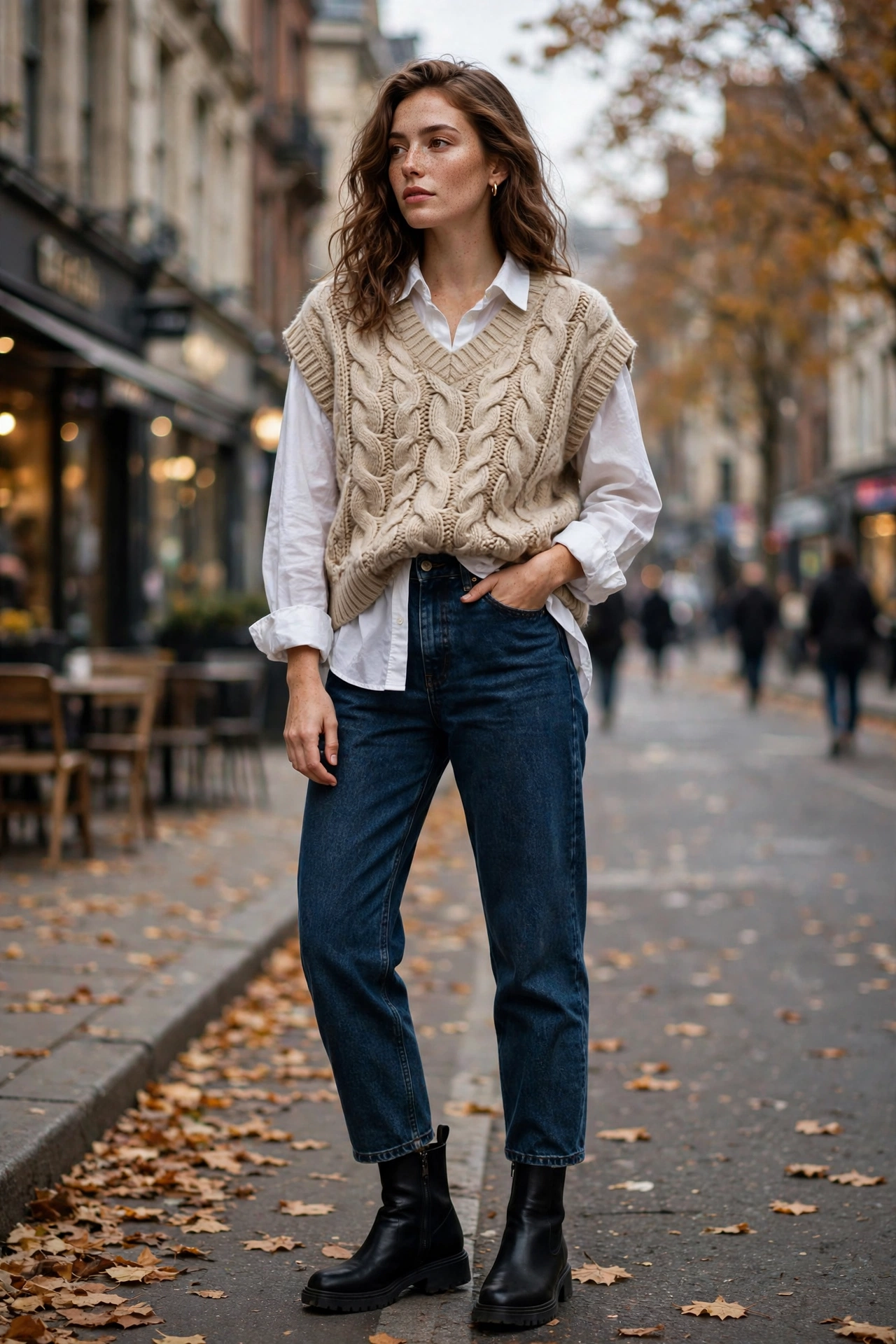 Woman wearing a cable-knit sweater vest over a white shirt with jeans and ankle boots