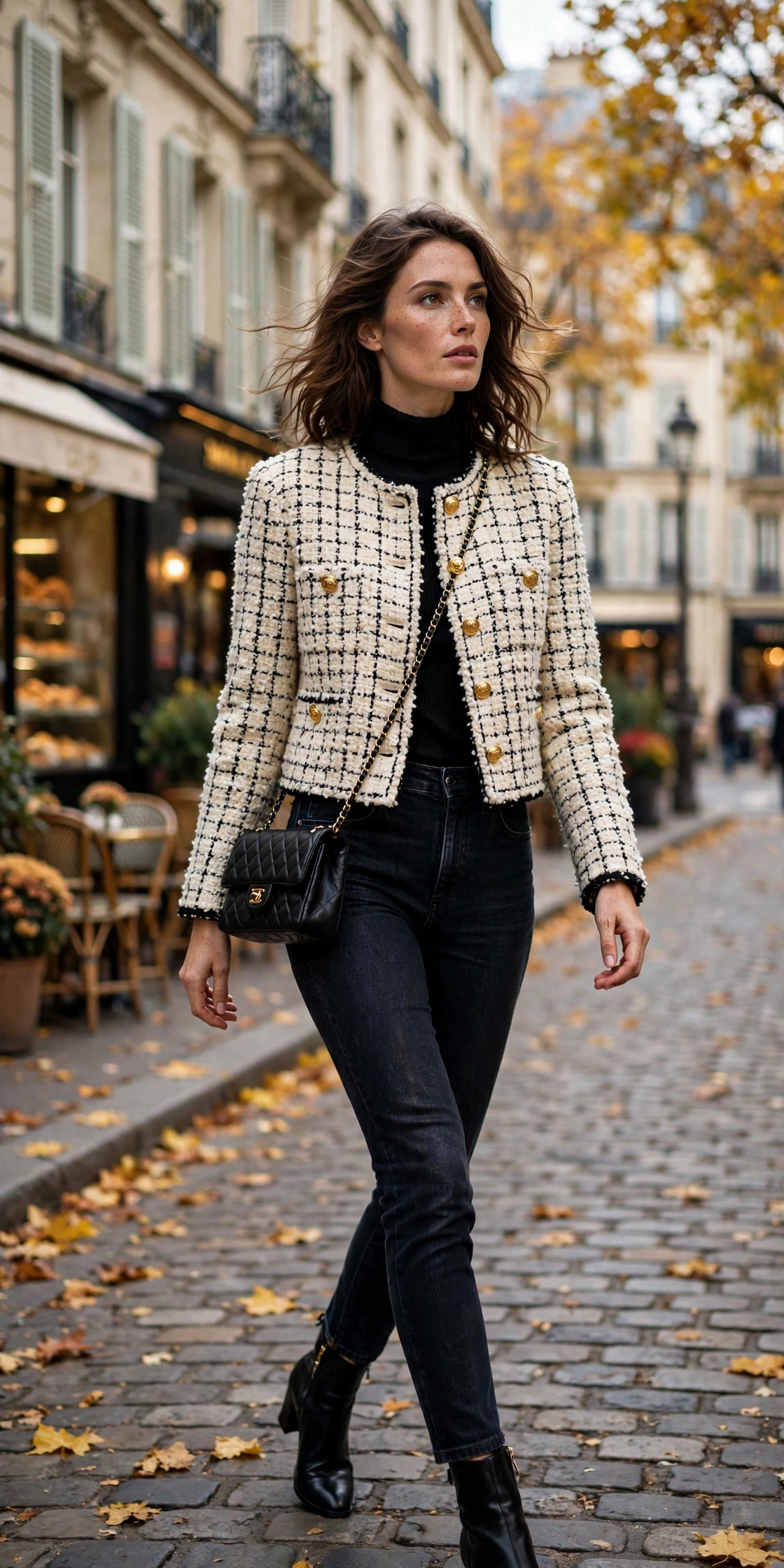 Woman wearing a cream and black tweed jacket with gold buttons, styled with dark jeans and ankle boots on an autumn street