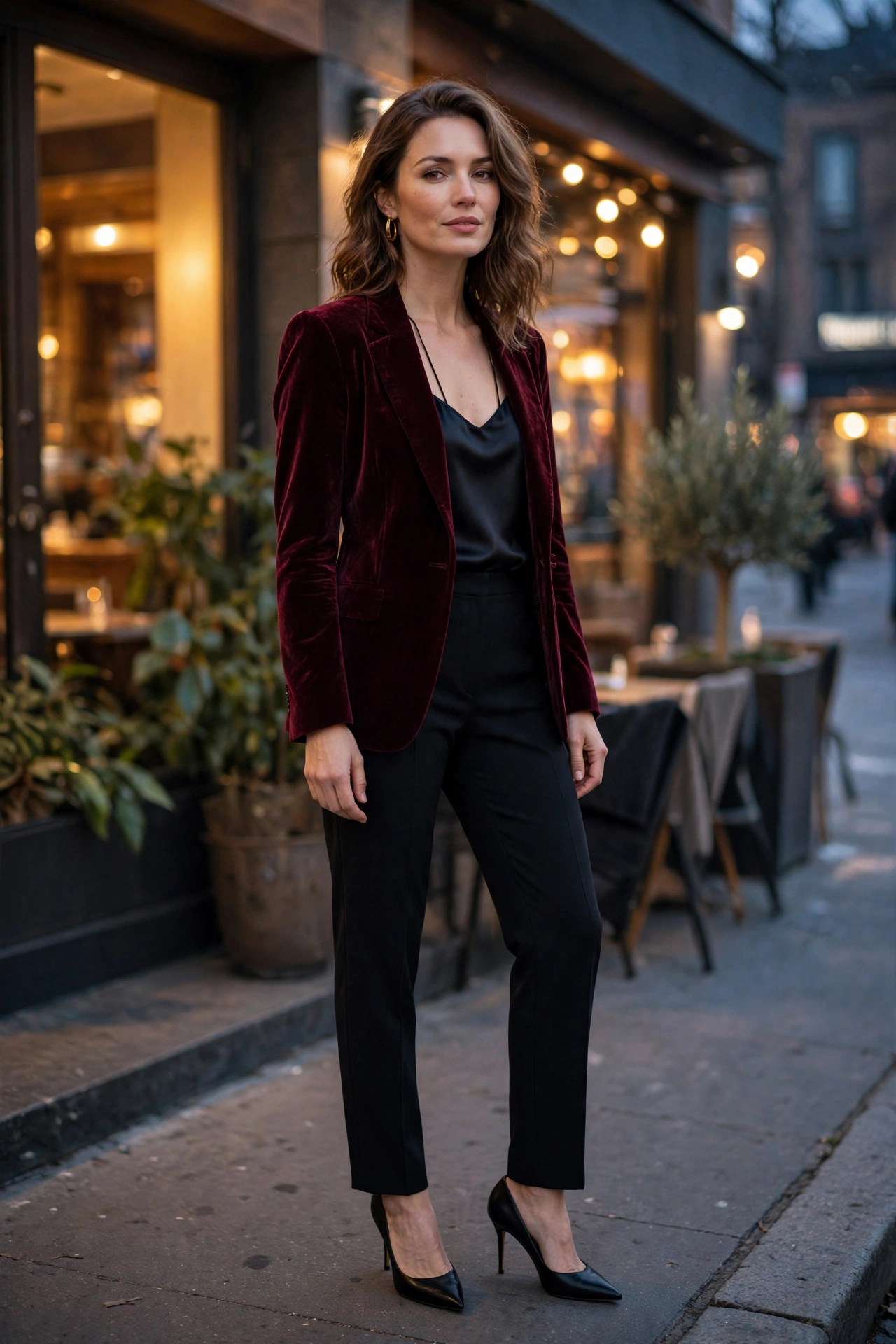 Woman wearing a burgundy velvet blazer with a black satin camisole and tailored trousers for a winter evening look