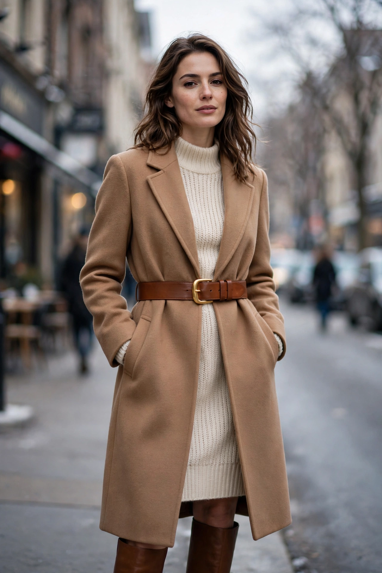 Wide belt outfit styling — a wide statement belt cinching a winter coat over a cozy knit dress