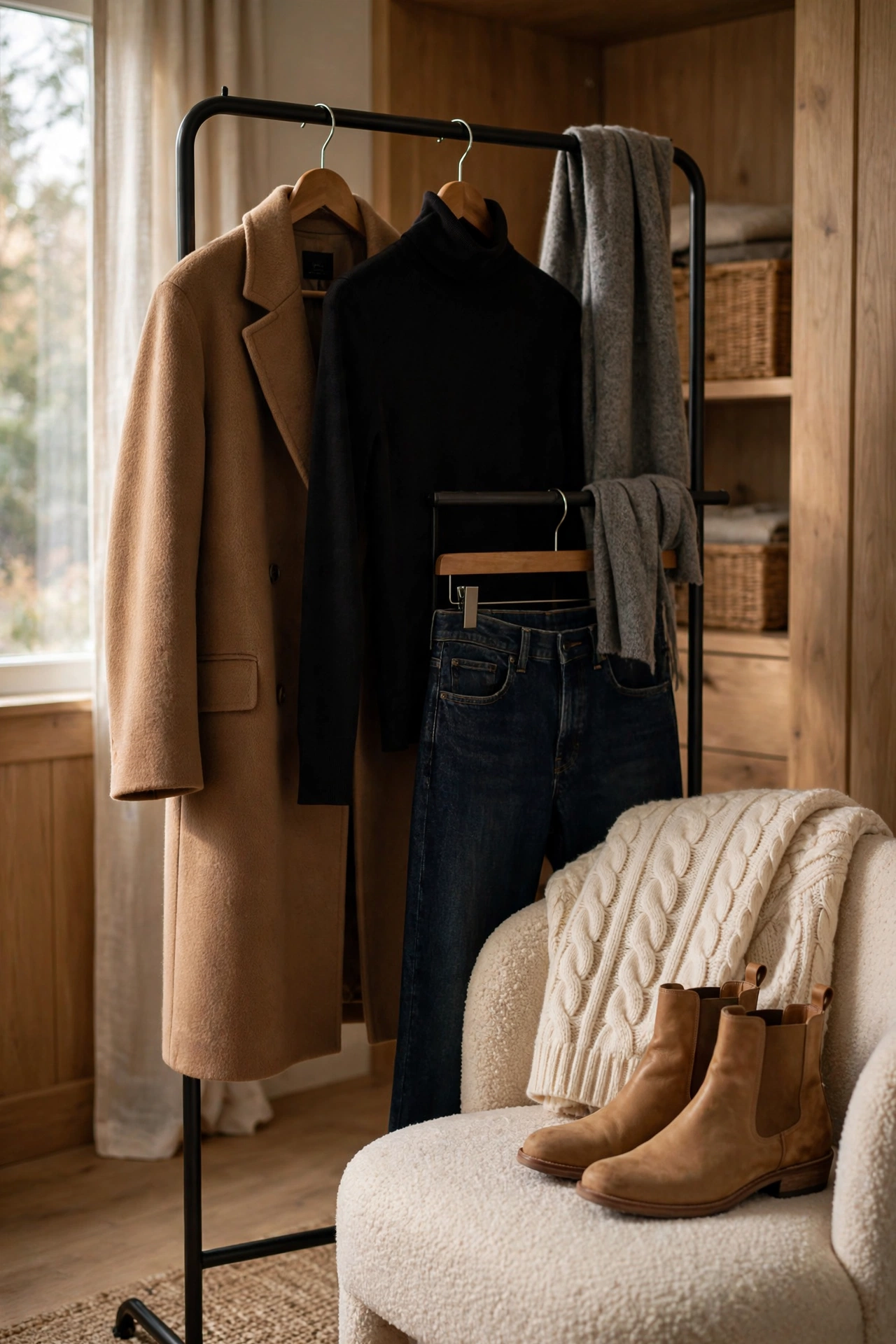 Curated winter capsule wardrobe: camel wool coat, cream cable knit sweater, dark jeans, black turtleneck, grey scarf and tan ankle boots on a clothing rack in a warm closet