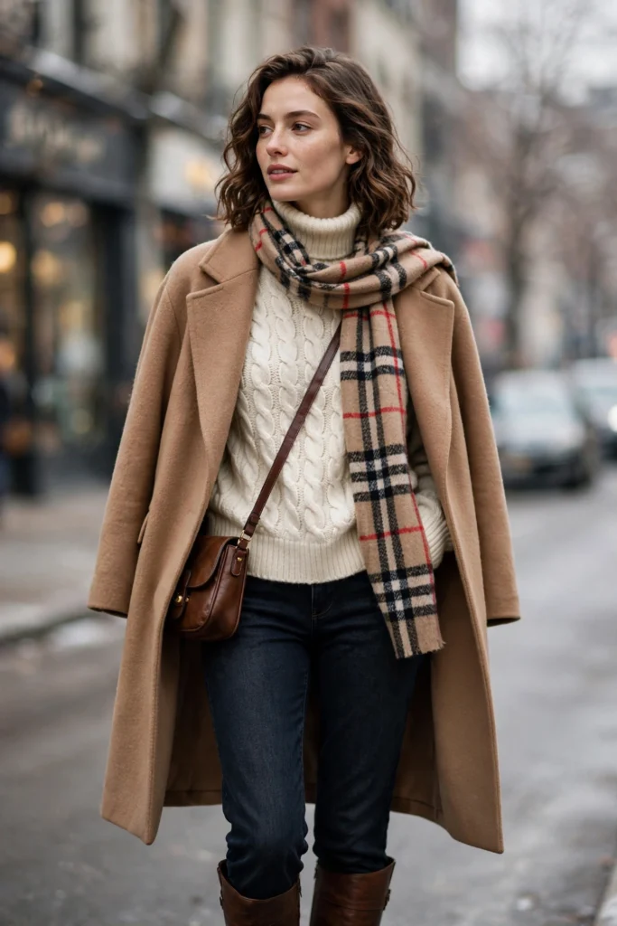 Woman wearing a layered winter outfit: cream cable-knit turtleneck, camel wool coat, plaid scarf, and brown knee-high boots