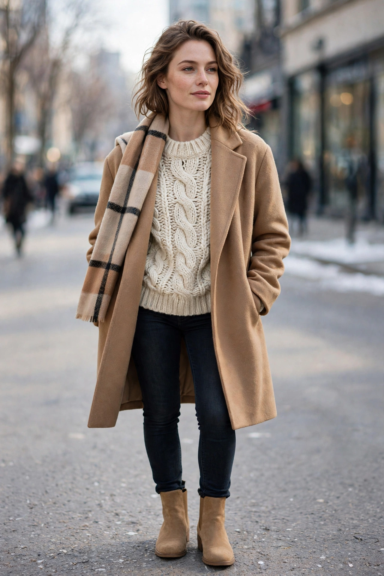 woman layering knits and coats for winter, styling guide