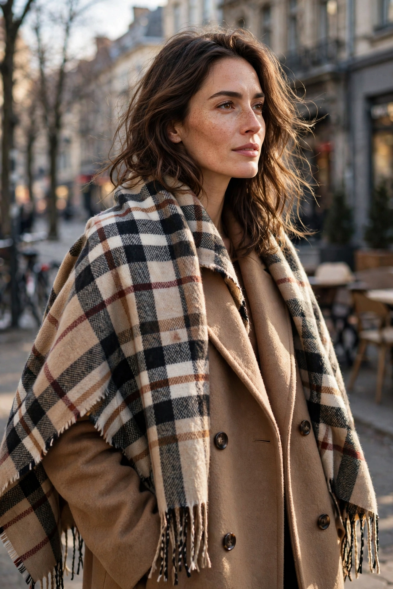 Woman styling a large plaid blanket scarf over a camel coat in winter sunlight