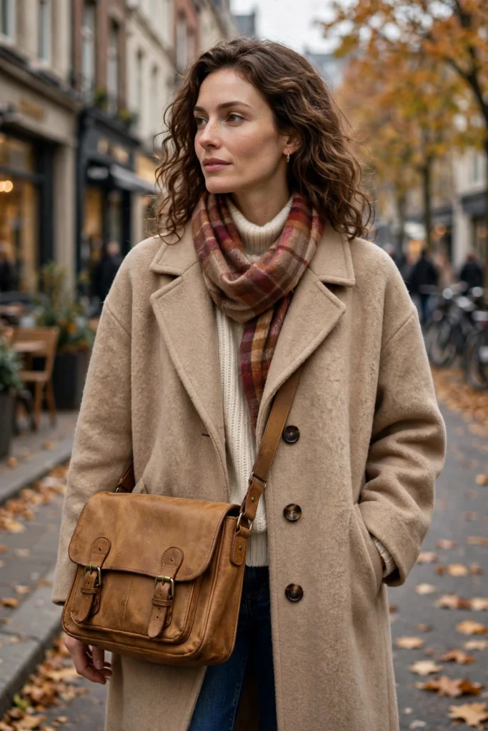Woman in a beige wool coat wearing a tan leather vintage messenger bag crossbody