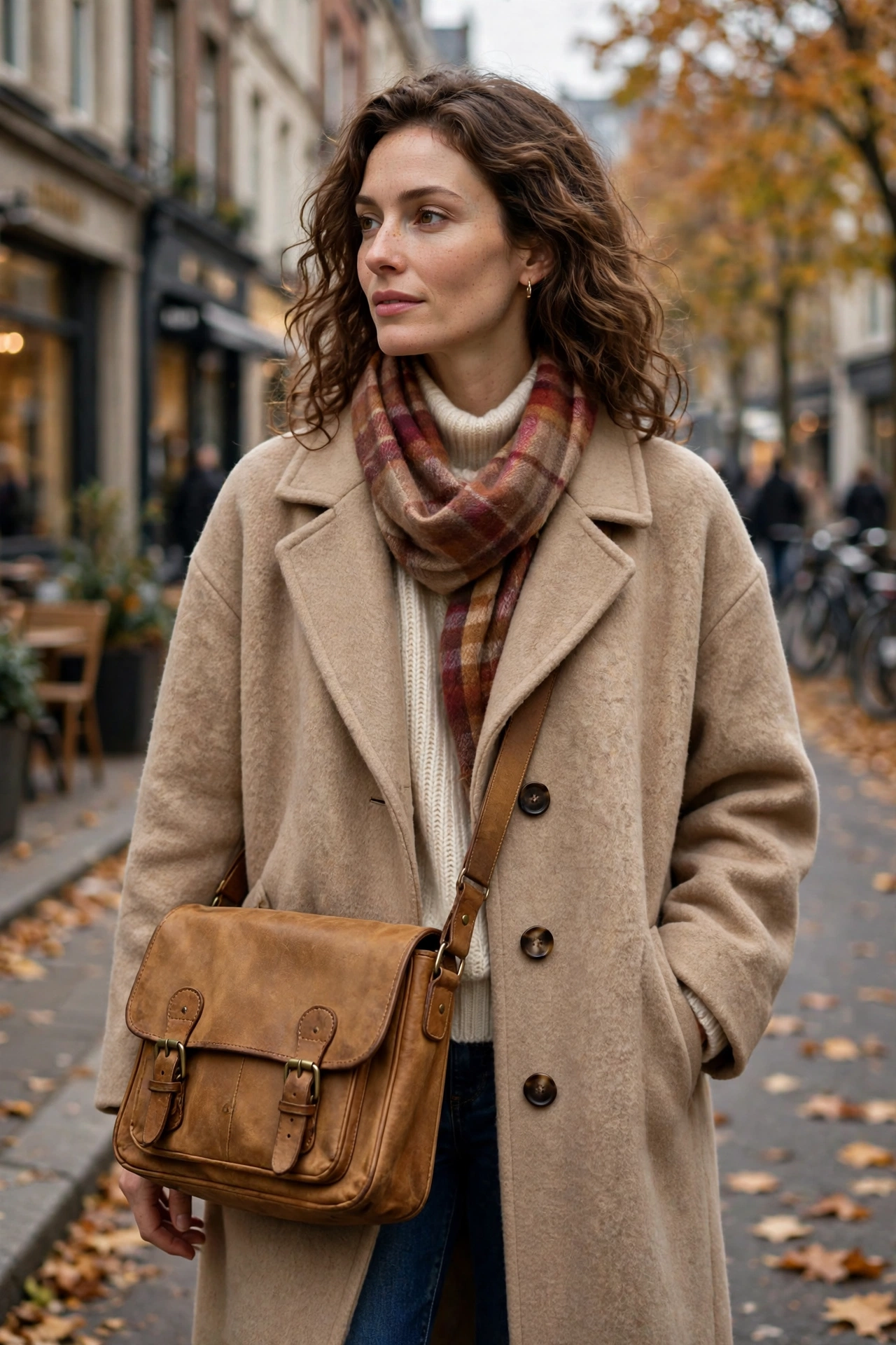 Woman in a beige wool coat wearing a tan leather vintage messenger bag crossbody