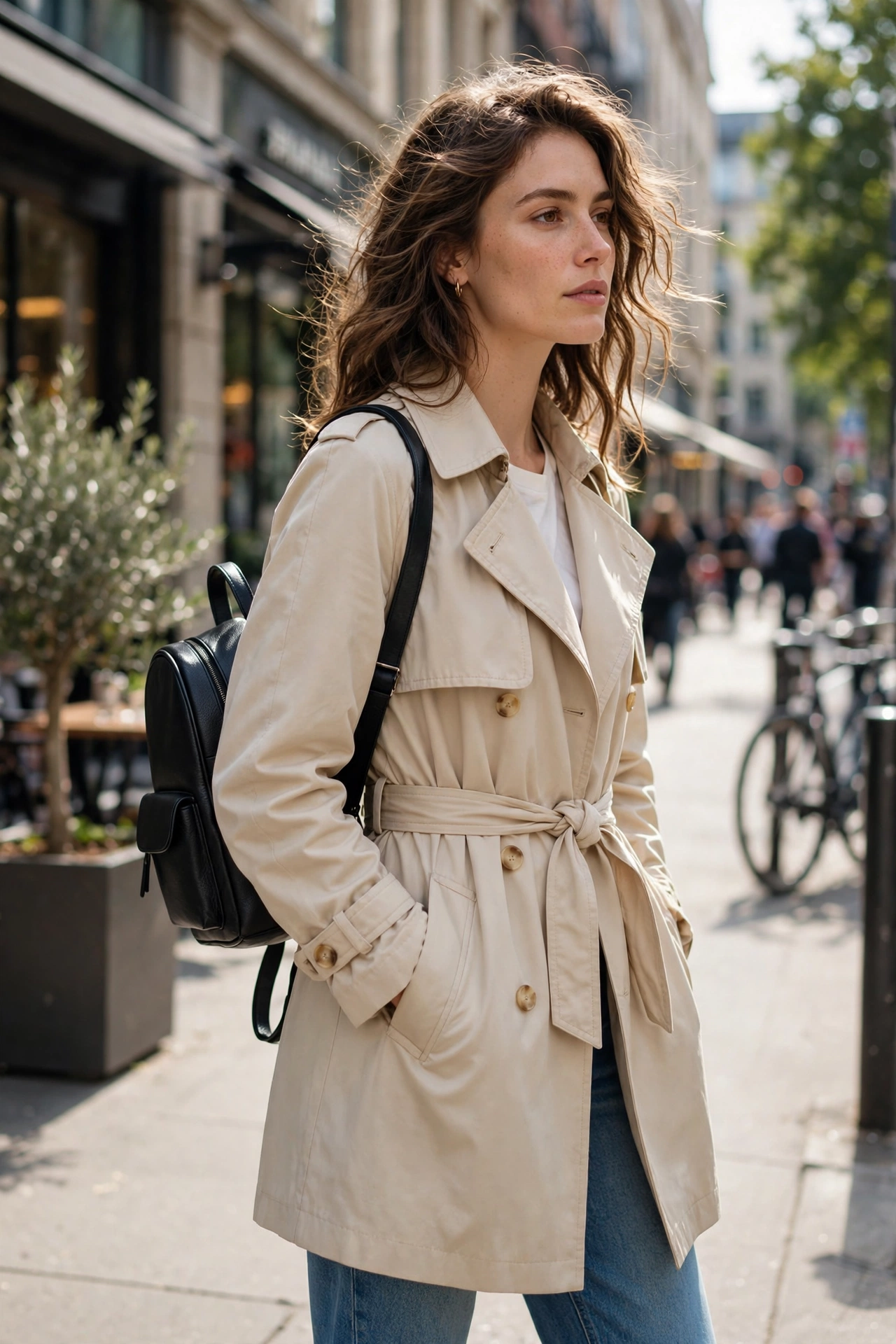 Woman in a cream trench coat and jeans wearing a small black leather mini backpack on a city street