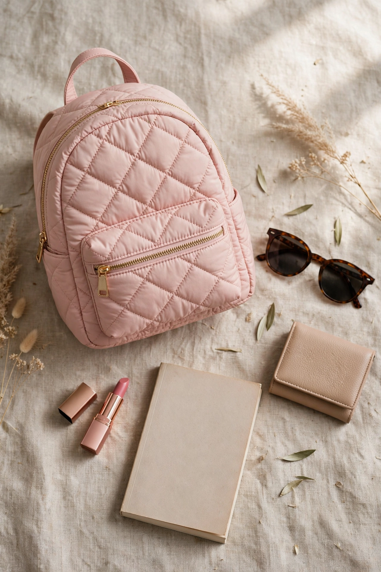 Flat lay of a blush pink quilted mini backpack with sunglasses, a paperback book, lipstick and a small wallet on linen
