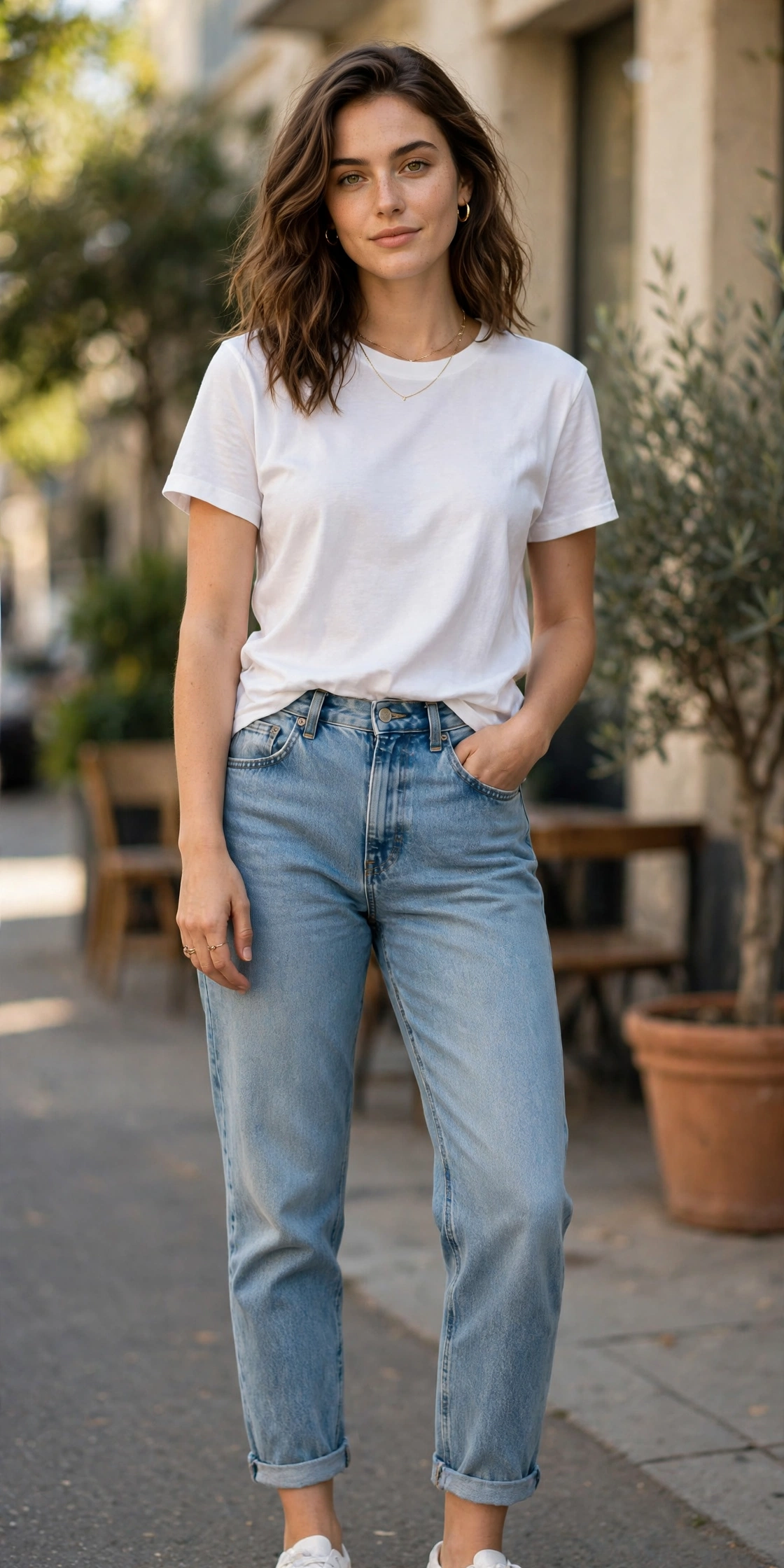 Woman wearing relaxed light-wash mom jeans with a white t-shirt and trainers for an easy casual outfit