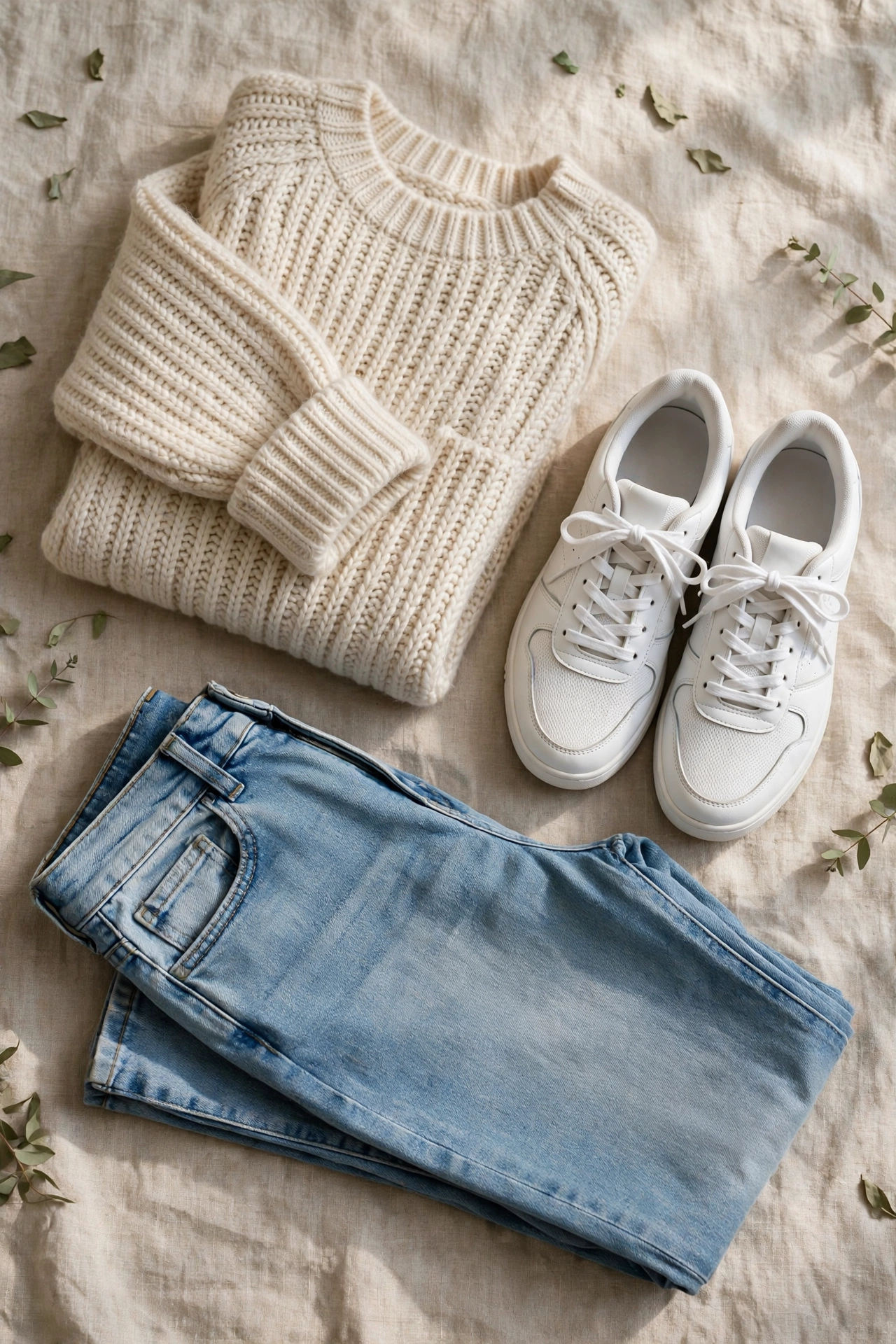 Flat lay of relaxed mom jeans with white trainers and a soft knit sweater