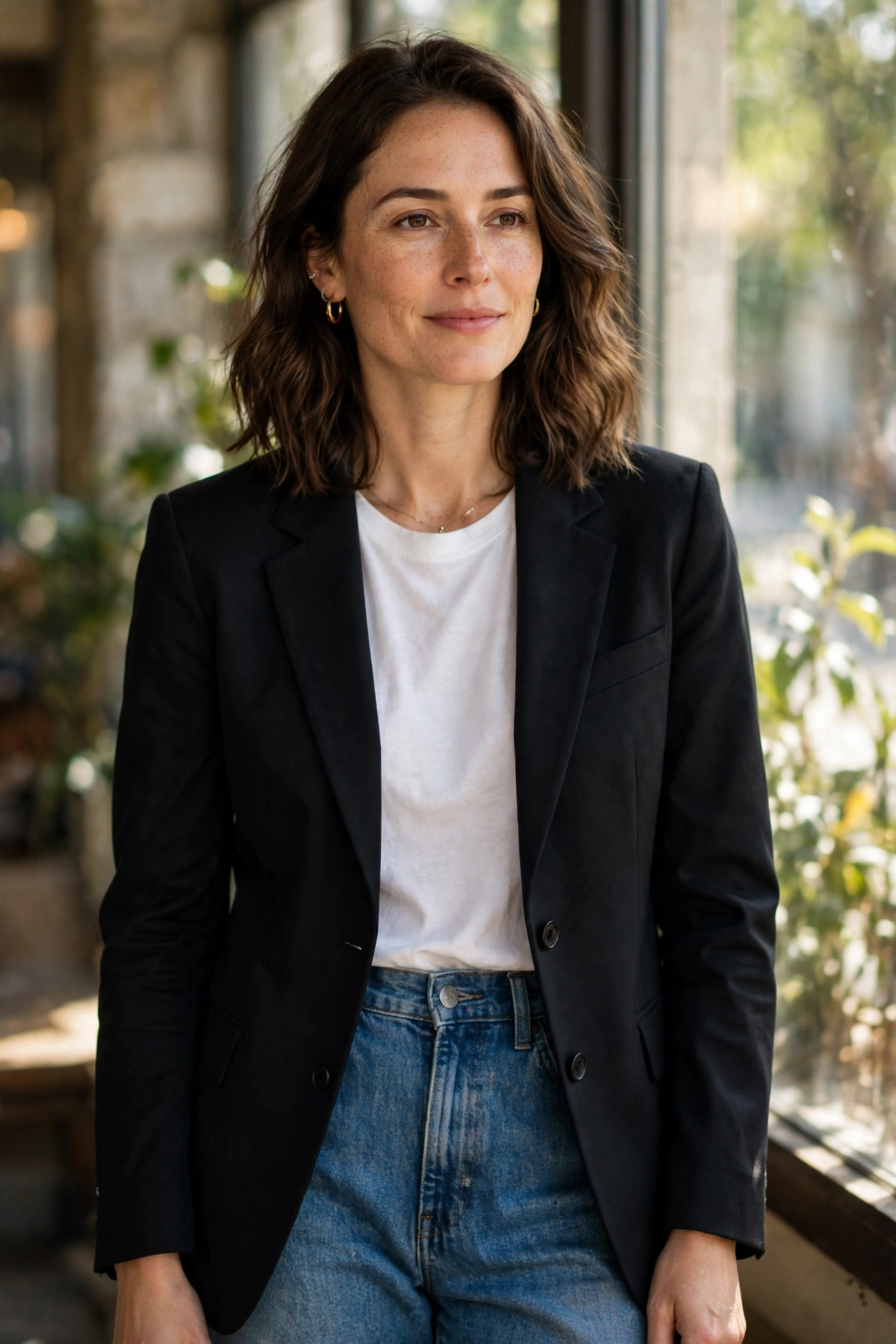 Woman pairing relaxed mom jeans with a tailored black blazer and white t-shirt
