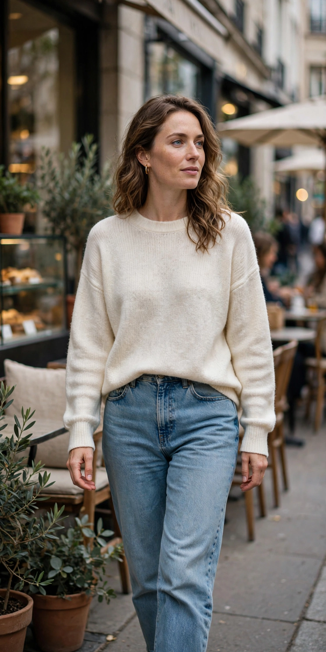 Woman in relaxed mom jeans enjoying a street cafe in a casual lifestyle outfit