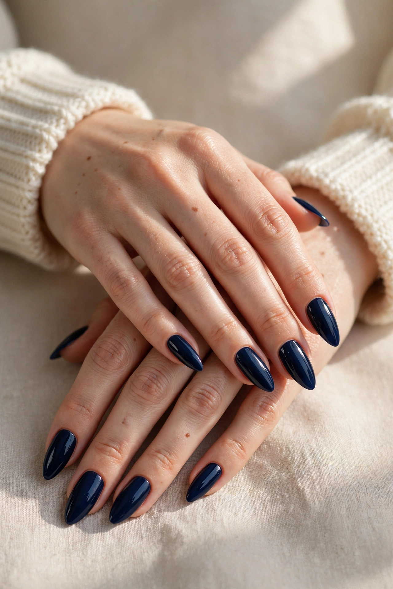 Hands with glossy navy blue almond nails and a cream knit sleeve