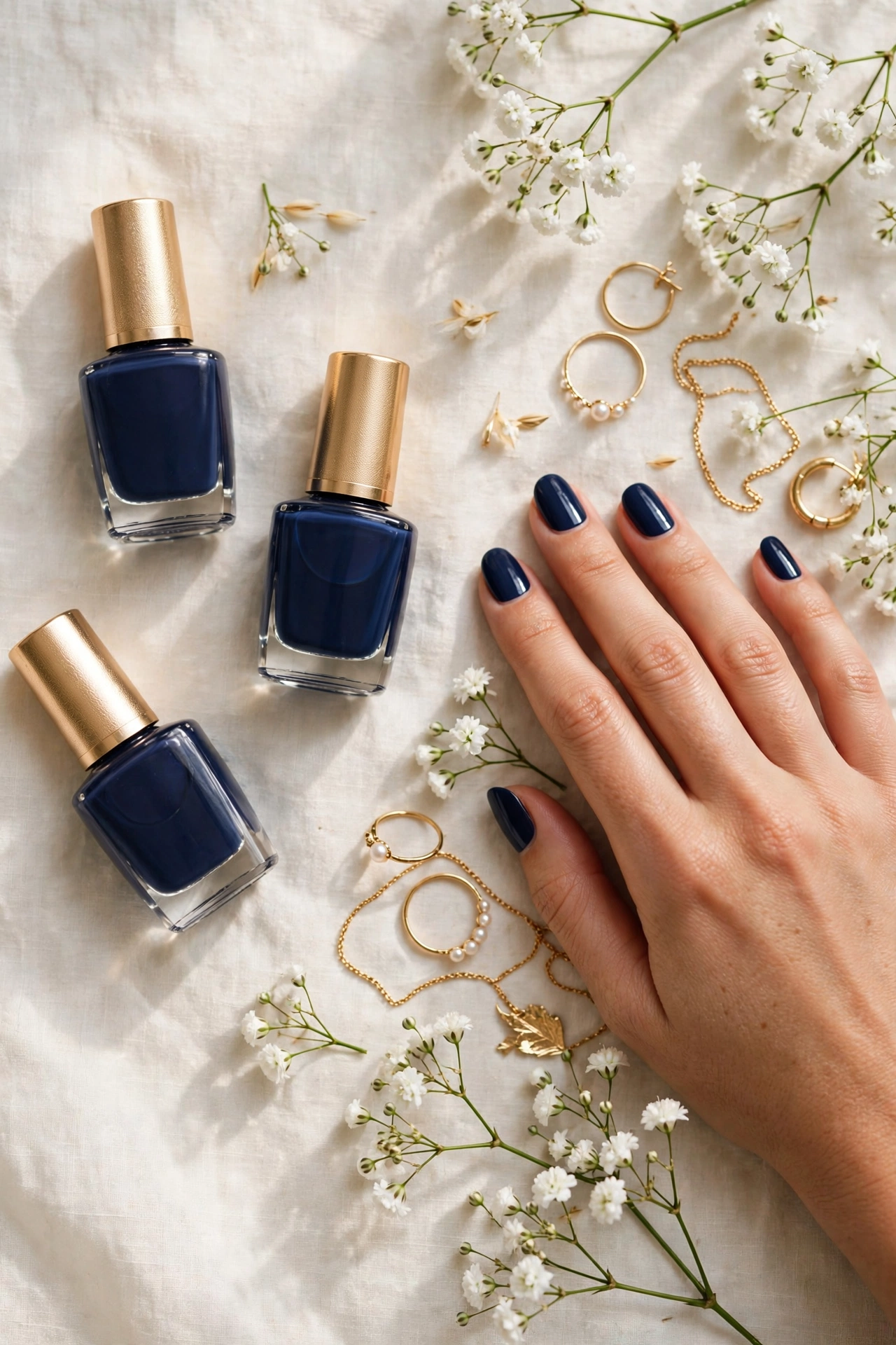 Flat lay of navy nail polish bottles with navy almond nails