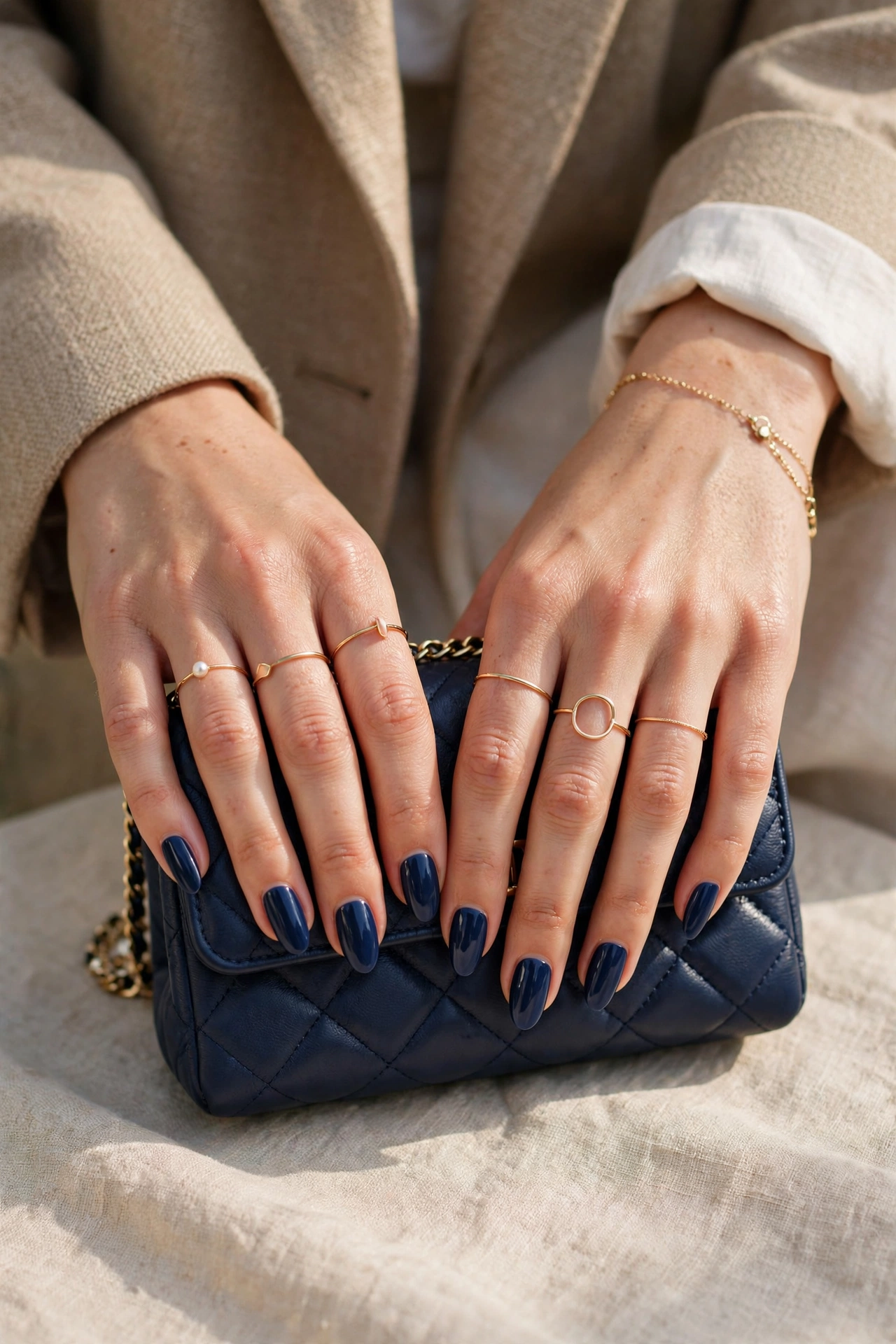 Navy almond nails styled with gold jewellery and an outfit