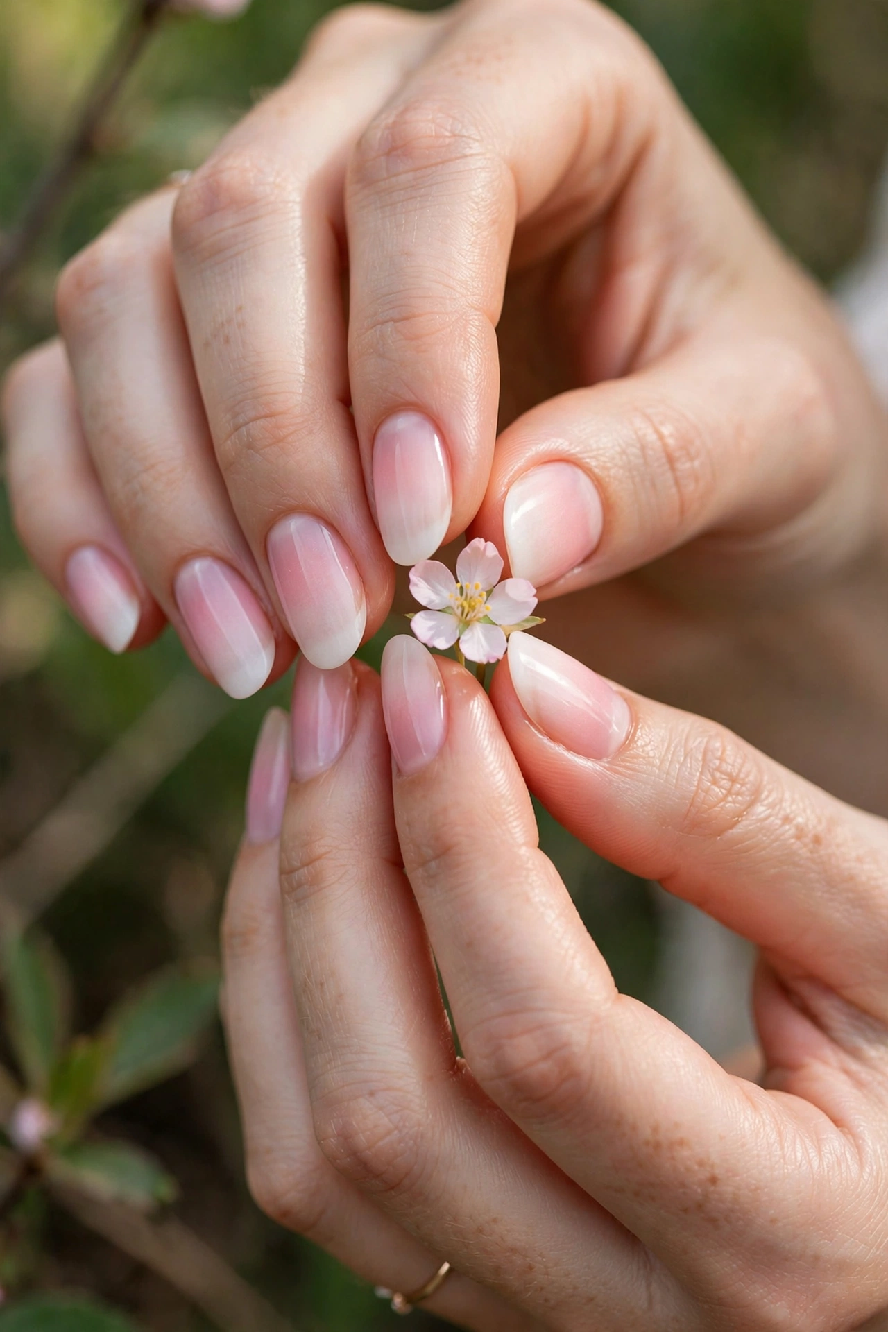 Hands with soft pink to white ombre gradient nails holding a small flower