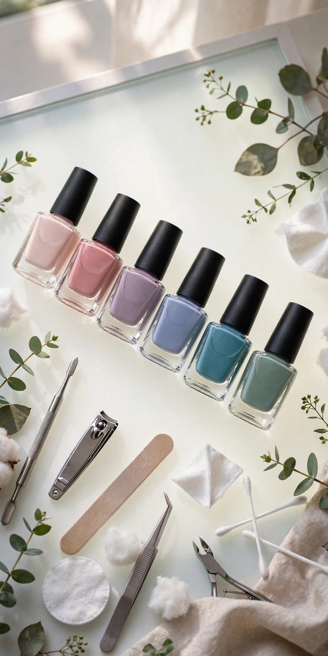 Flat lay of gradient nail polish bottles with manicure tools