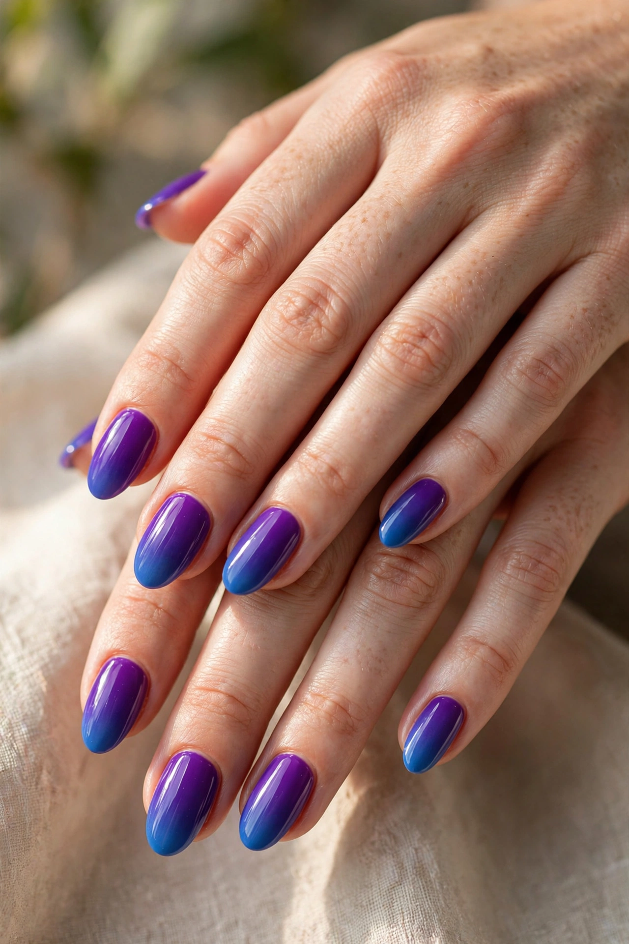 Hands with bold purple to blue ombre gradient nails