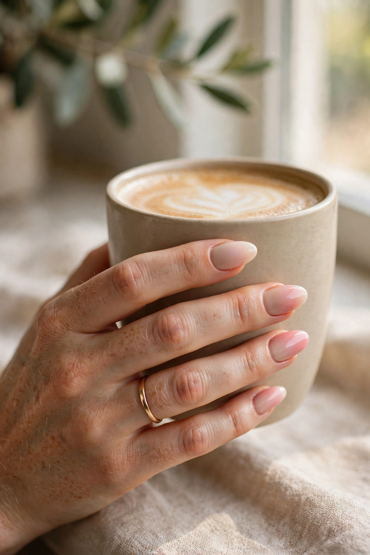 Ombre gradient nails with a simple gold ring holding a coffee cup
