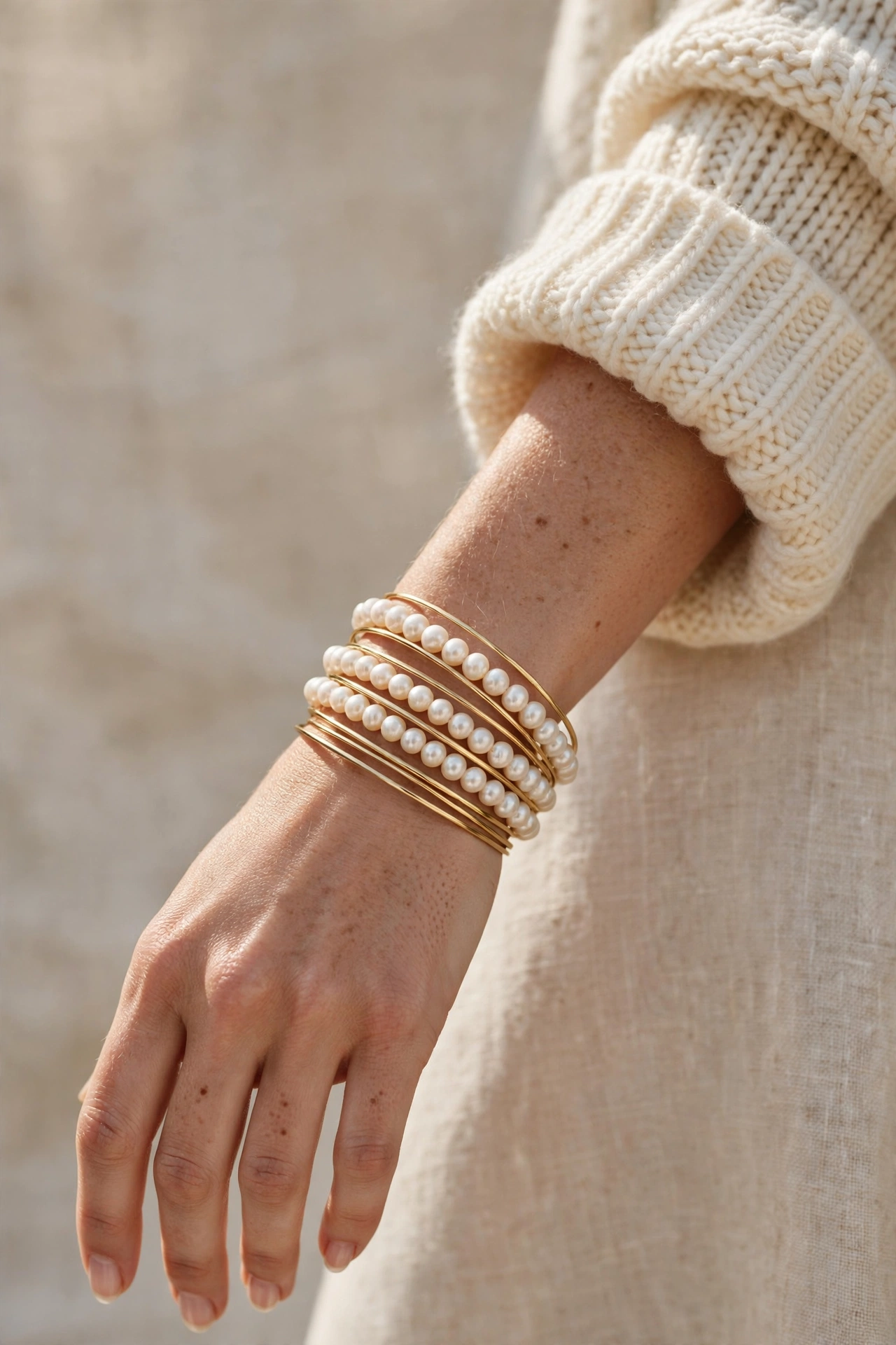 Stack of pearl bracelets mixed with thin gold bangles on a wrist with a cream knit sleeve
