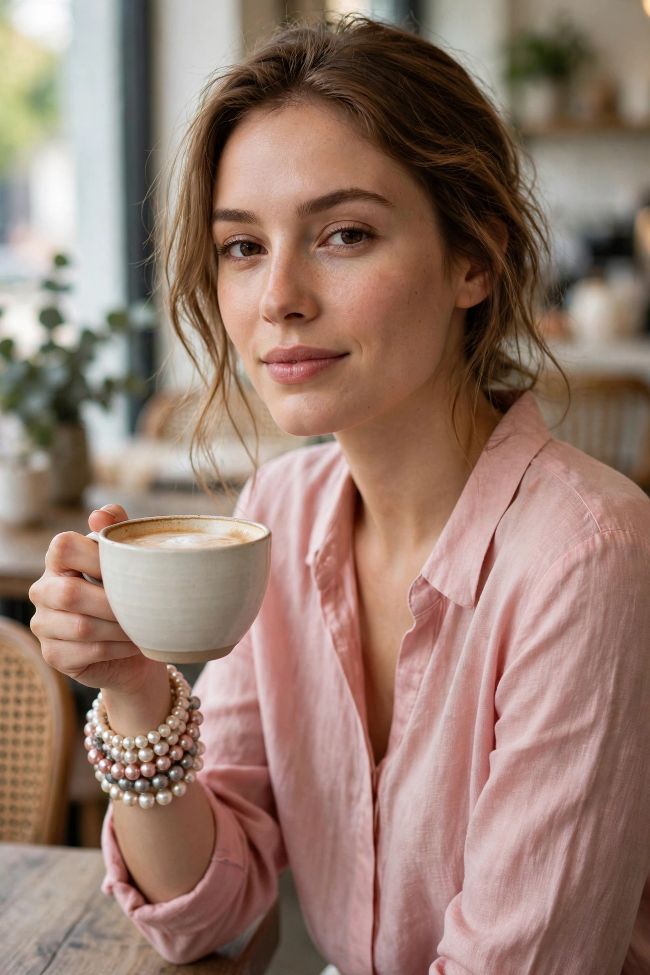 Blush, white and grey pearl bracelets stacked on a wrist with a pink blouse