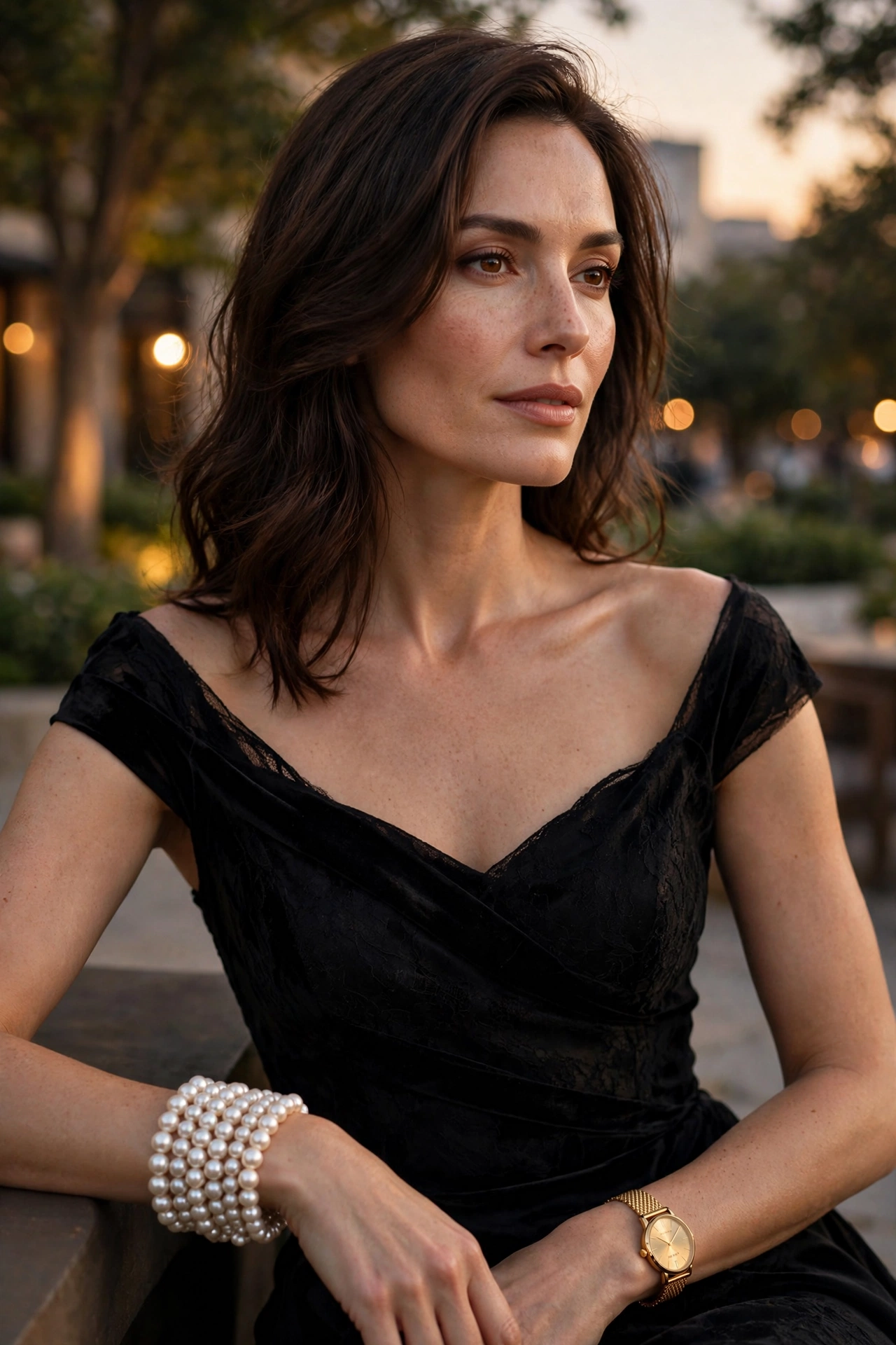 Bold pearl bracelet stack worn with a black evening dress and a gold watch