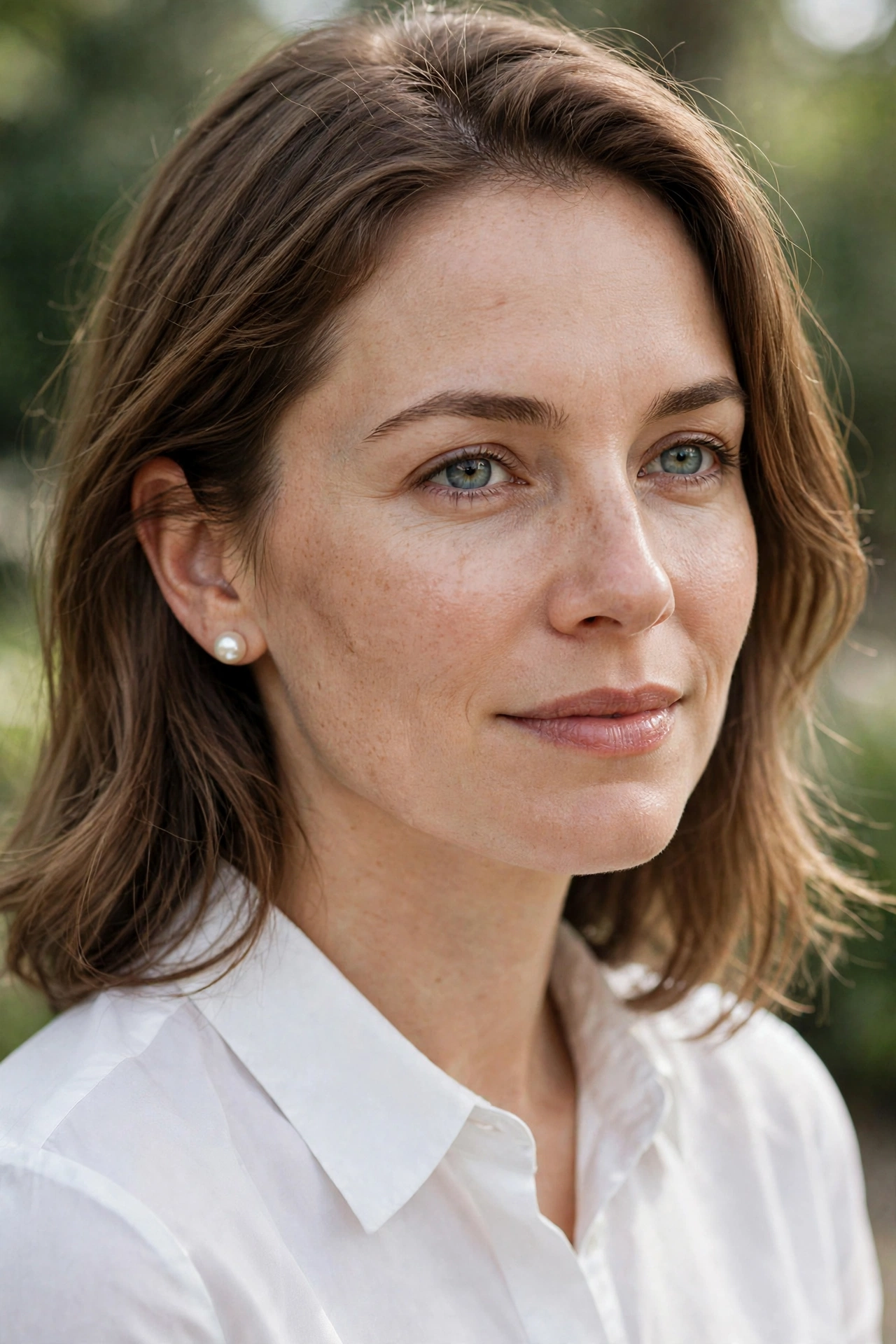 Woman wearing classic white pearl stud earrings with a neat blouse