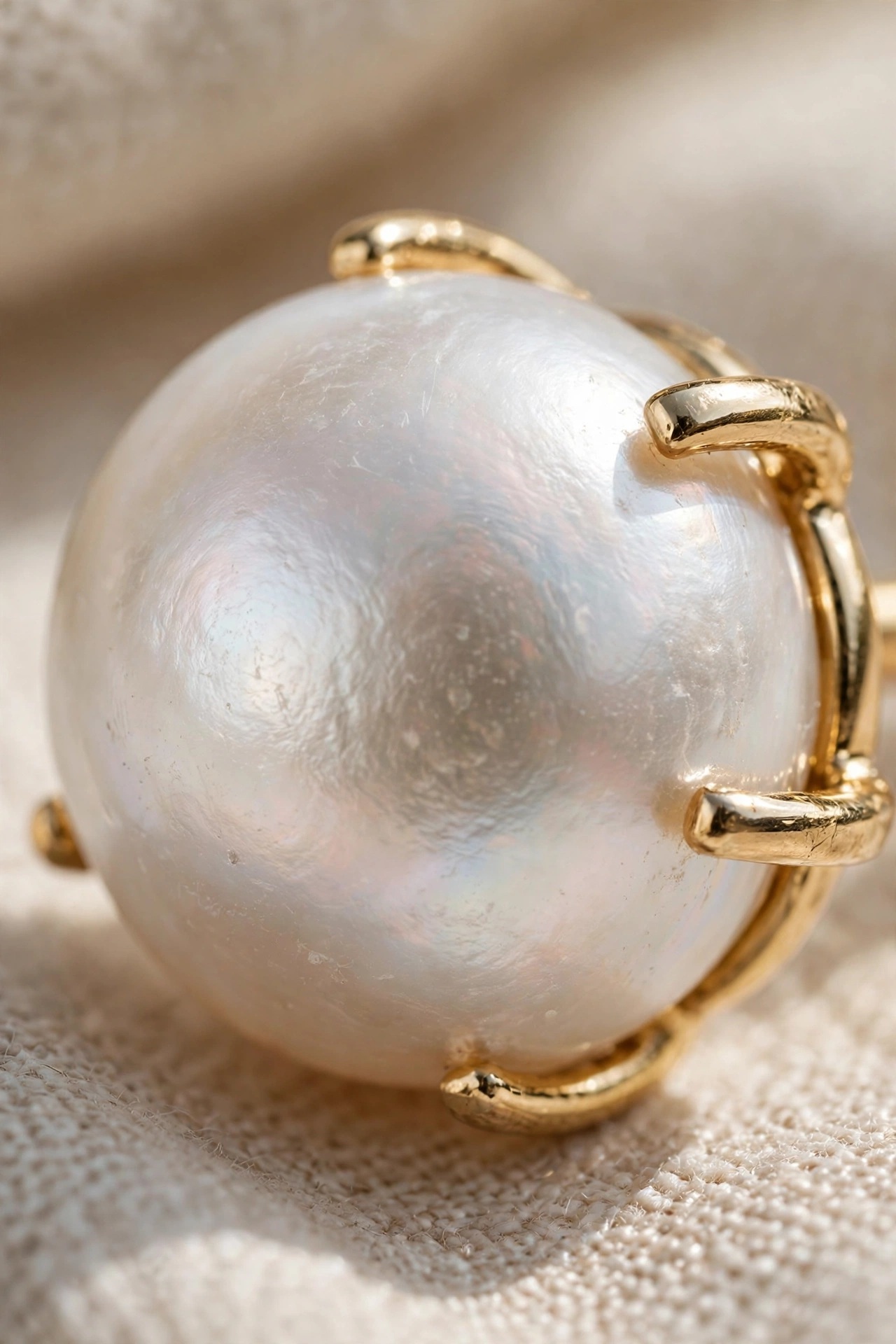Extreme close-up of a pearl stud earring showing its lustre and gold setting