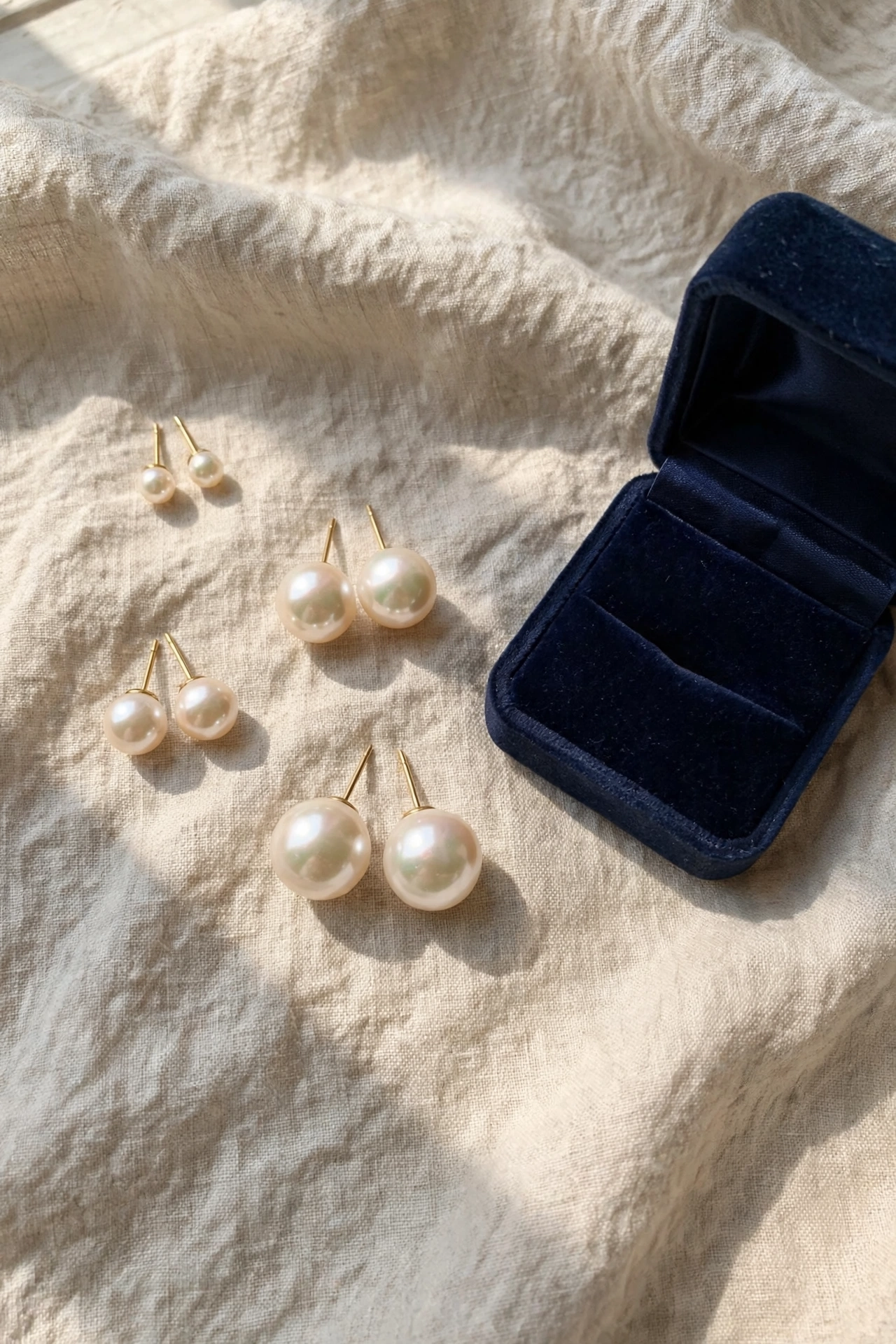 Flat lay of pearl stud earrings in different sizes with a jewellery box