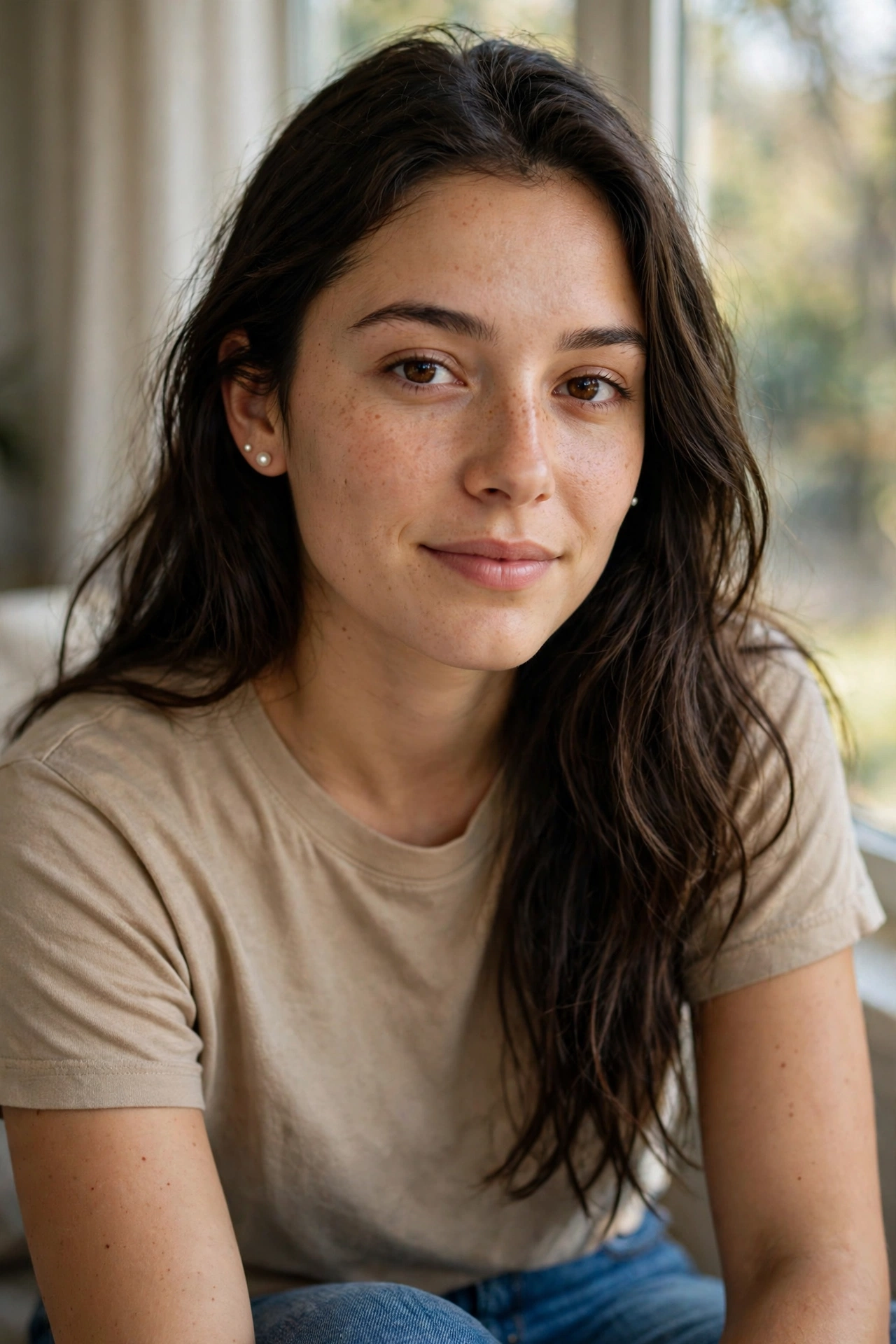Small pearl studs worn with a casual t-shirt and jeans look