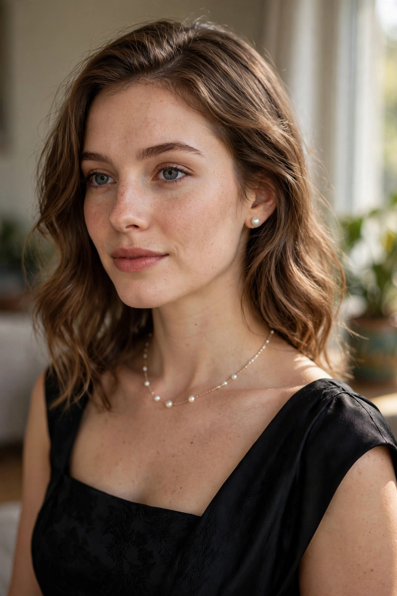 Pearl studs paired with a simple necklace and an evening dress