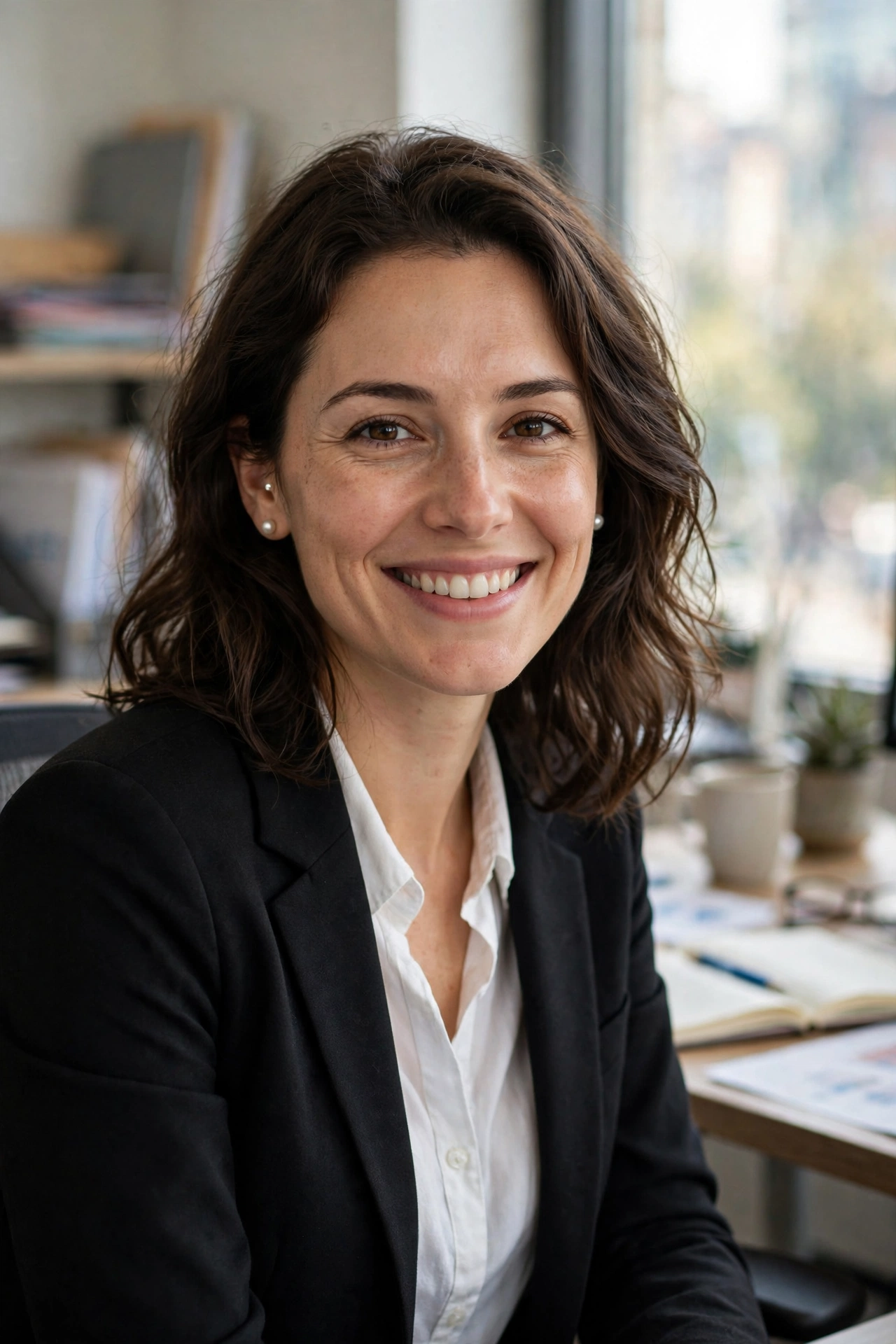 Woman at work wearing pearl studs with a blazer